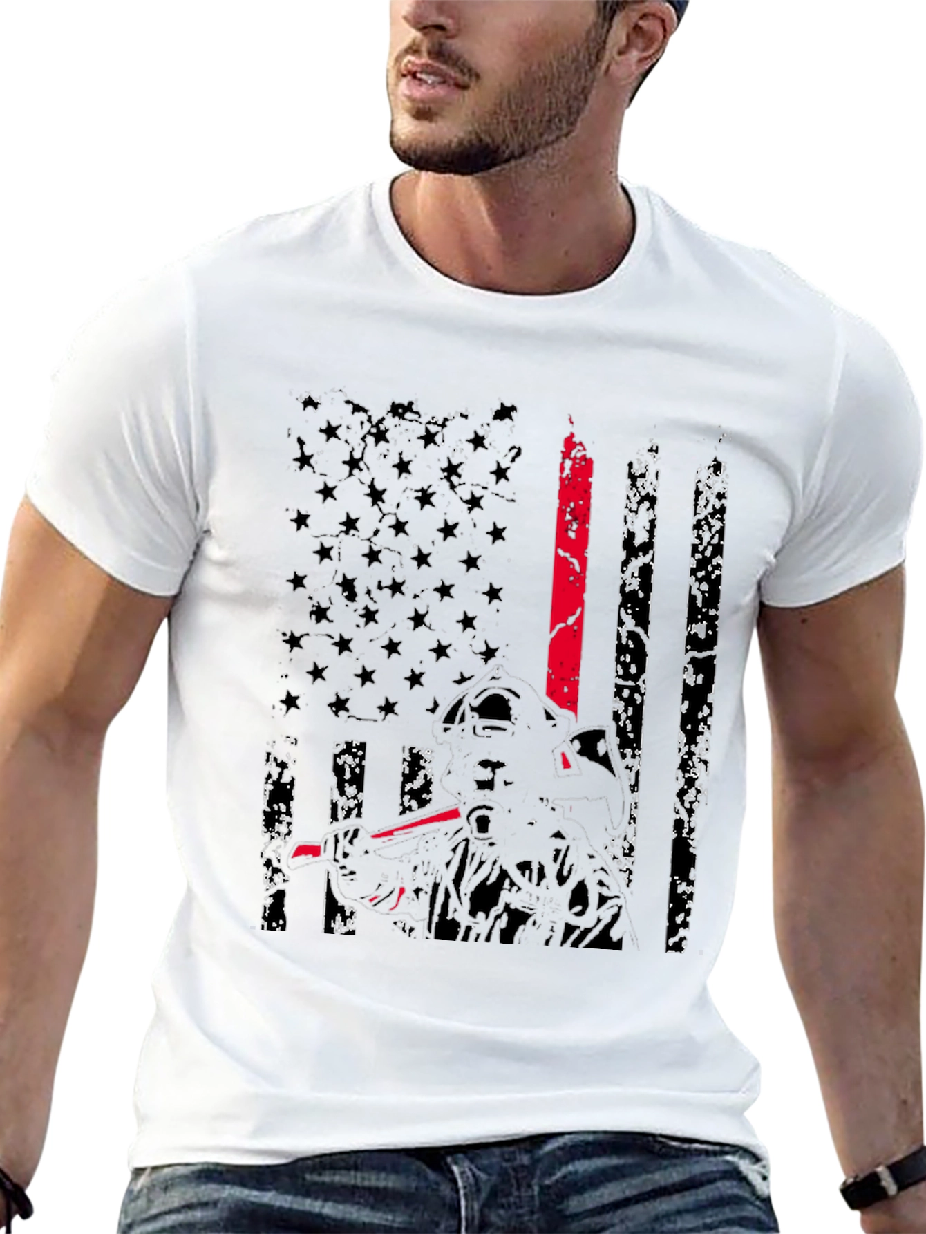 Black Thin Red Line Firefighter Flag T-Shirt view 13