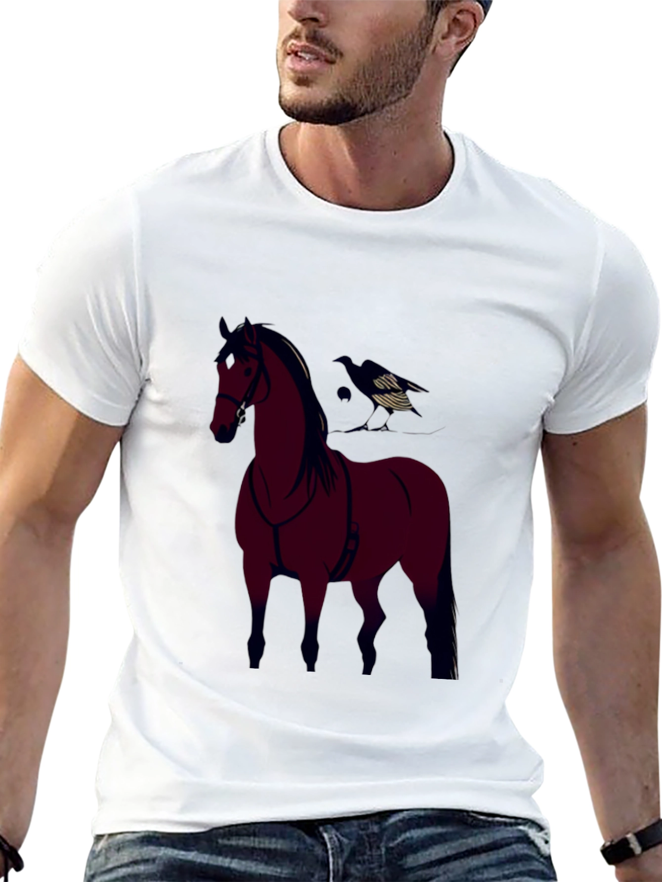 Black Horse and Crow Graphic Tee - Black Cotton Blend view 13