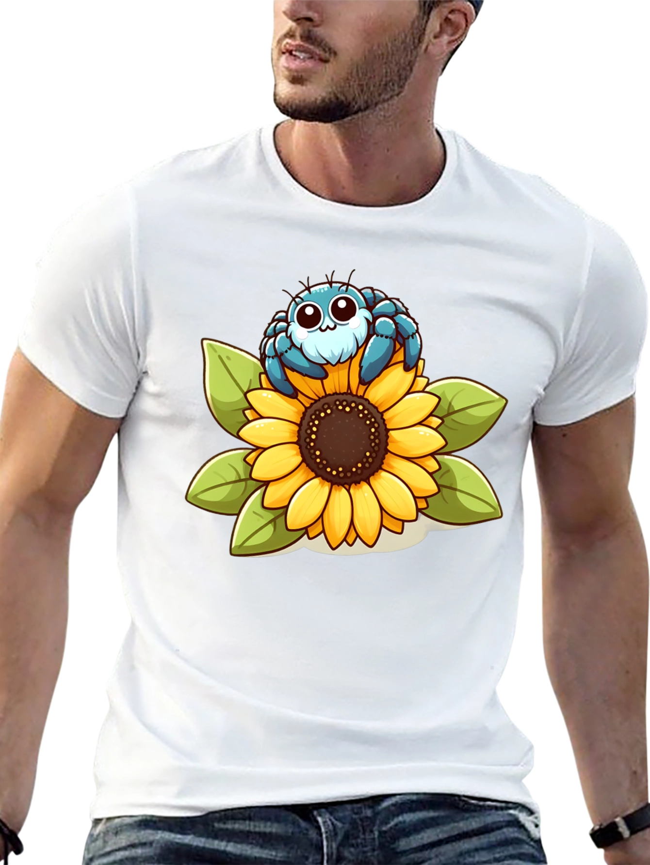 Black Cute Spider on Sunflower Graphic T-Shirt view 13