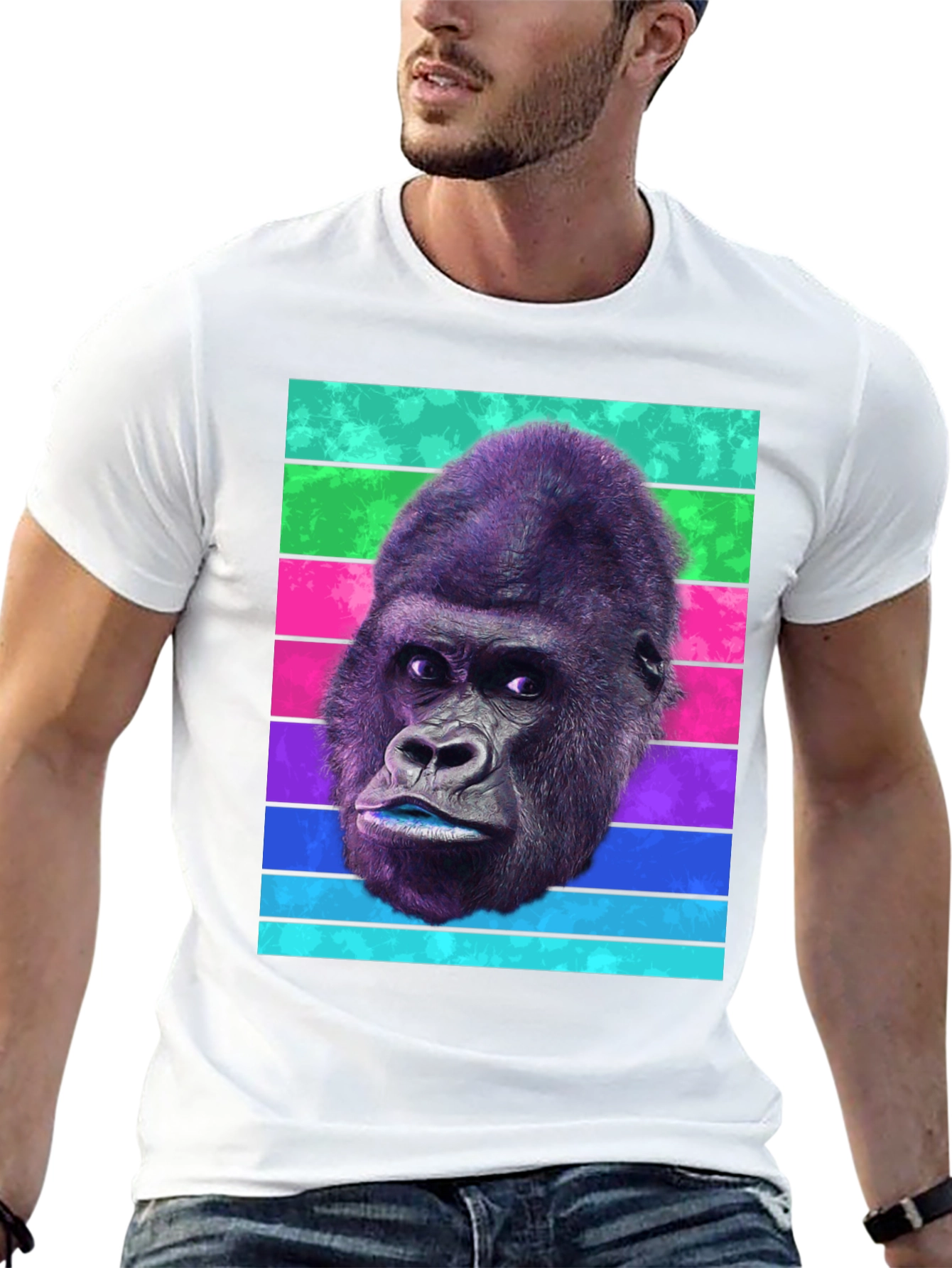 Black Gorilla Head T-Shirt - Retro Stripes, Unique Design view 13