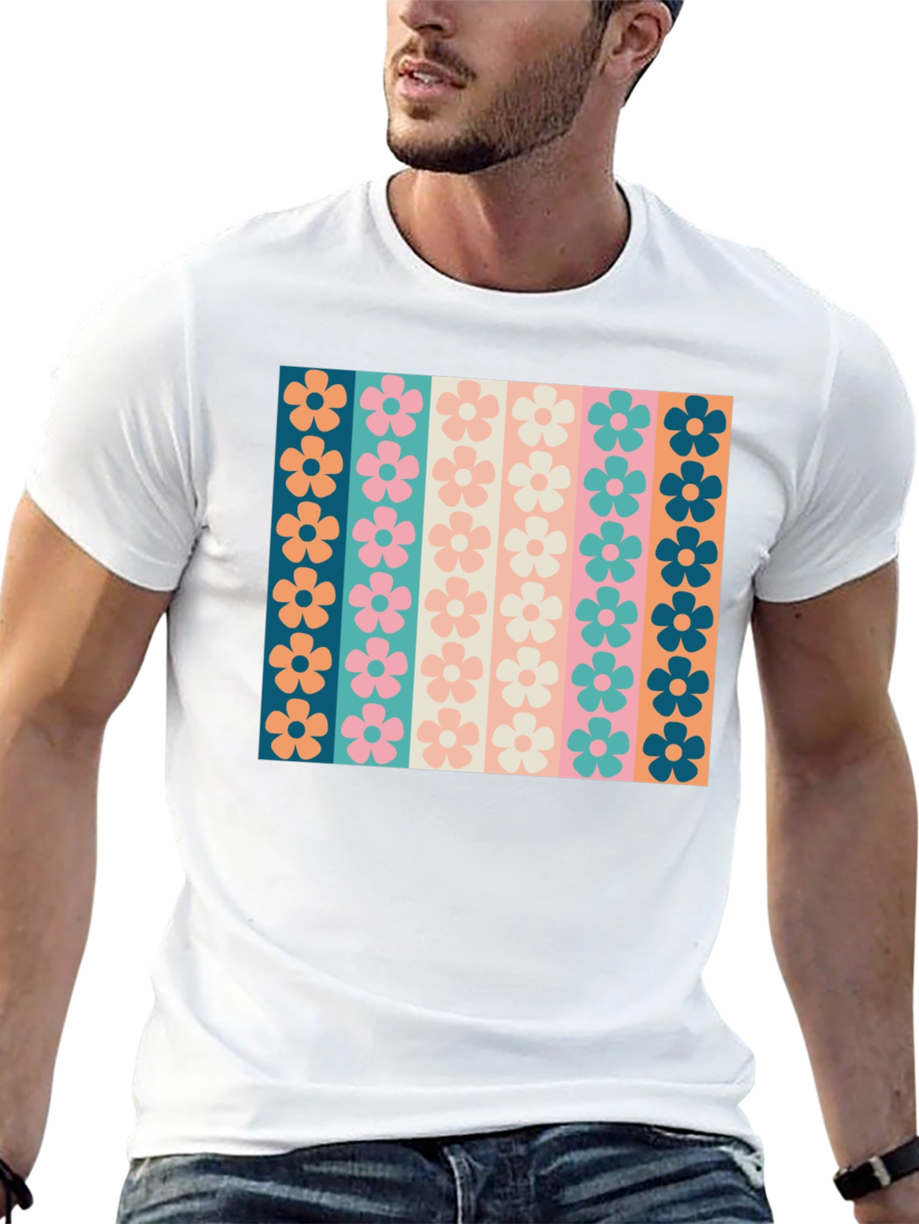 Black Retro Floral Stripe T-Shirt - Black Crew Neck Tee view 13