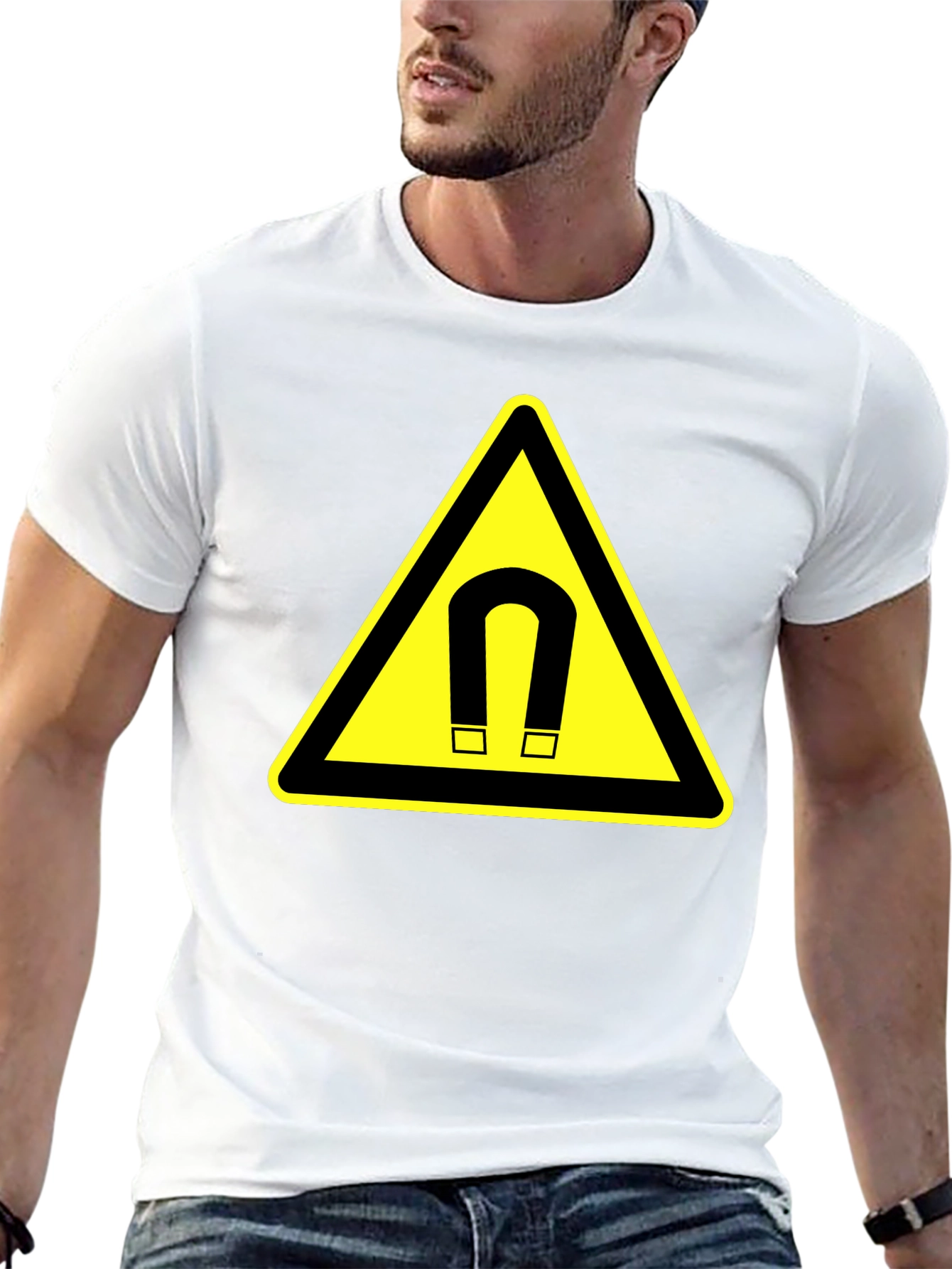 Magnet Warning Sign Graphic T-Shirt - Black Cotton Tee - 13