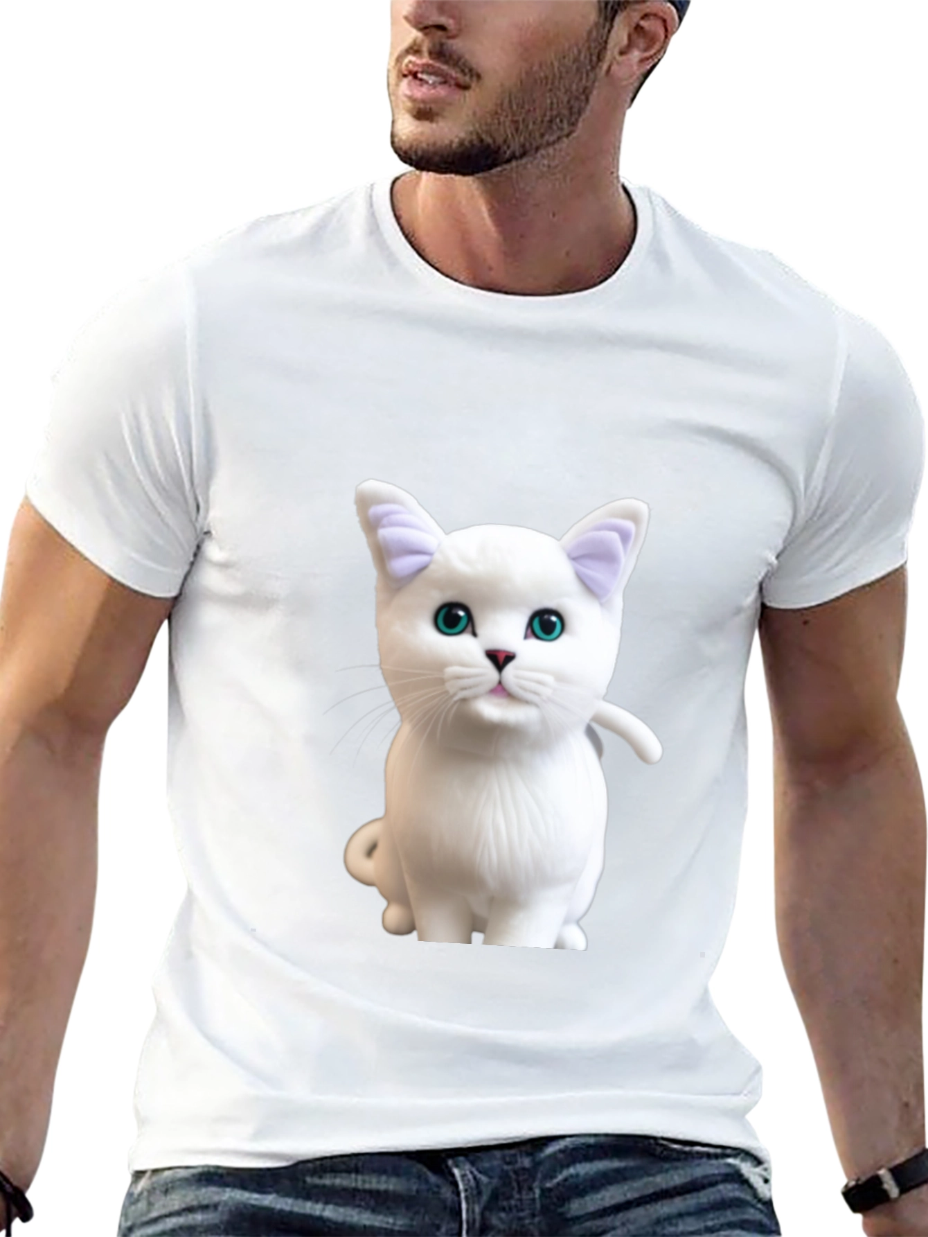 Black Cute White Cat Graphic Print Black T-Shirt view 13
