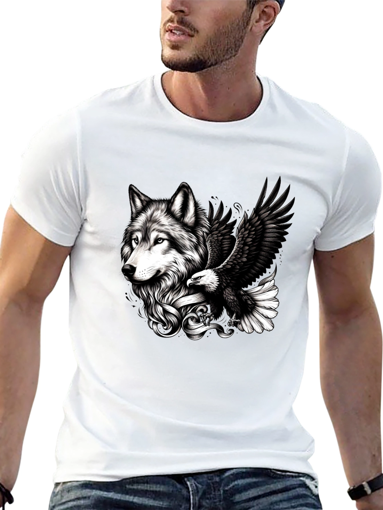 Black Wolf & Eagle Graphic Tee - Black Cotton Blend view 13