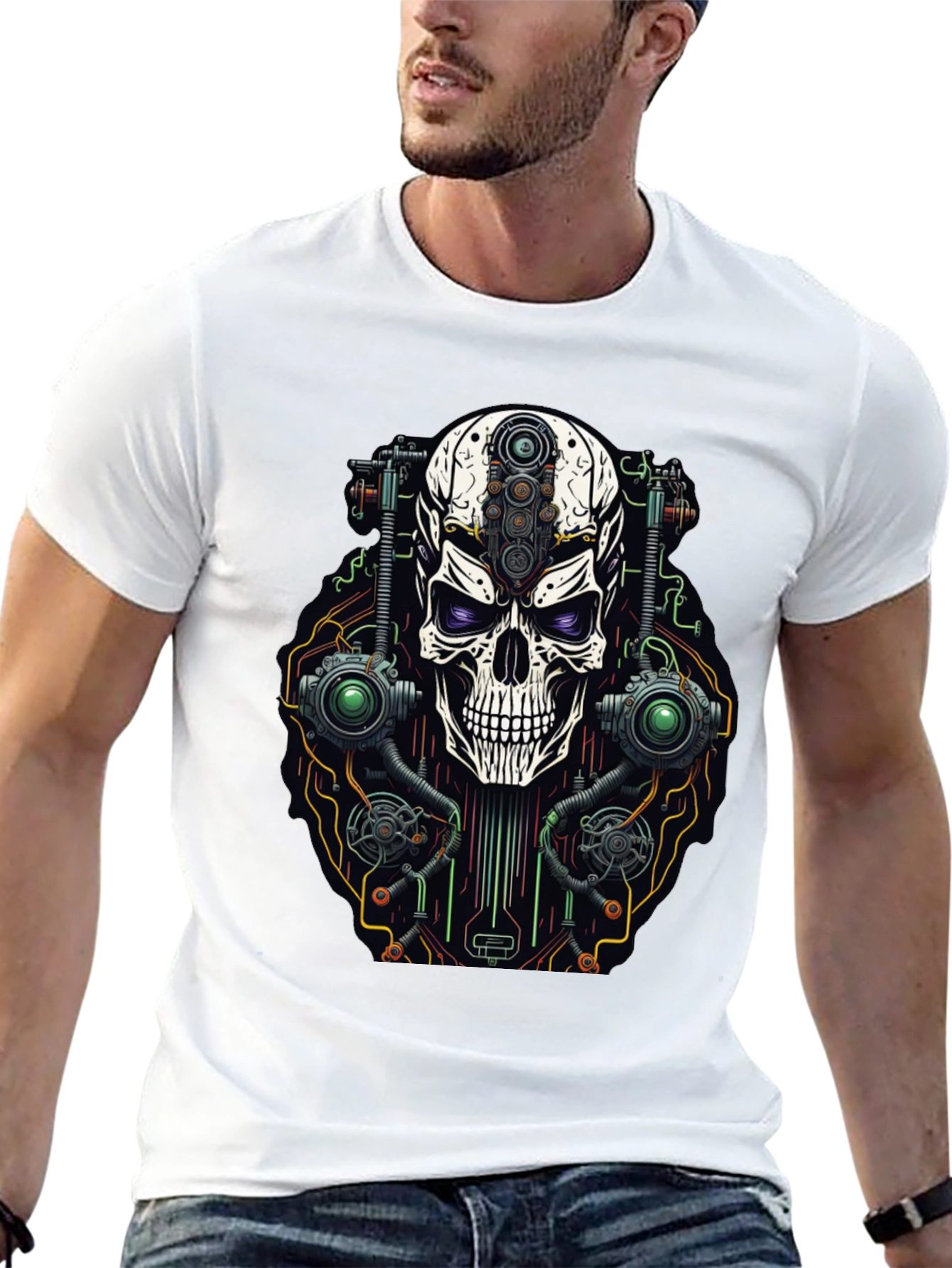 Black Cyberpunk Skull Graphic T-Shirt view 13