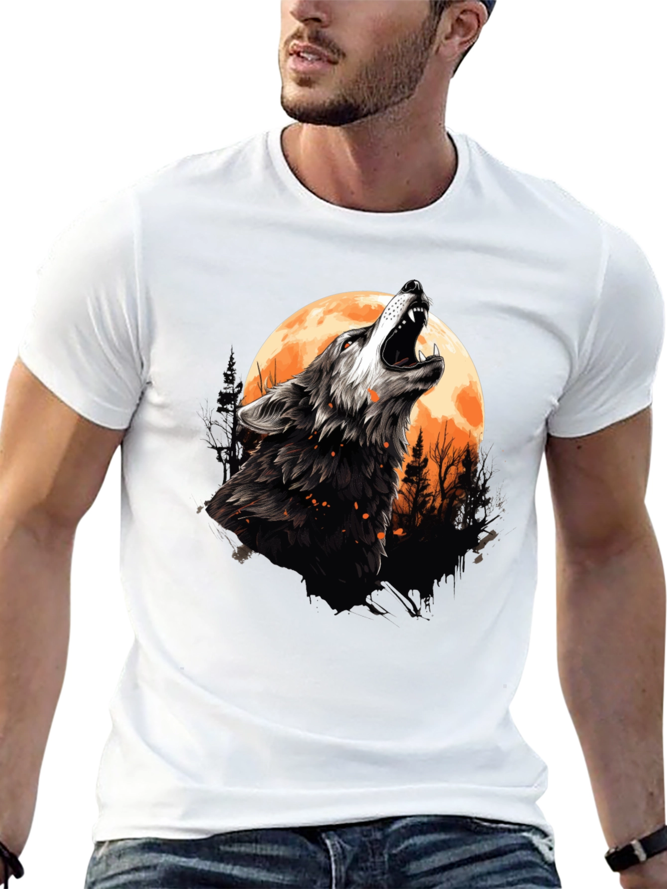 Black Wolf Howling at Moon Graphic Tee - Black Cotton view 13