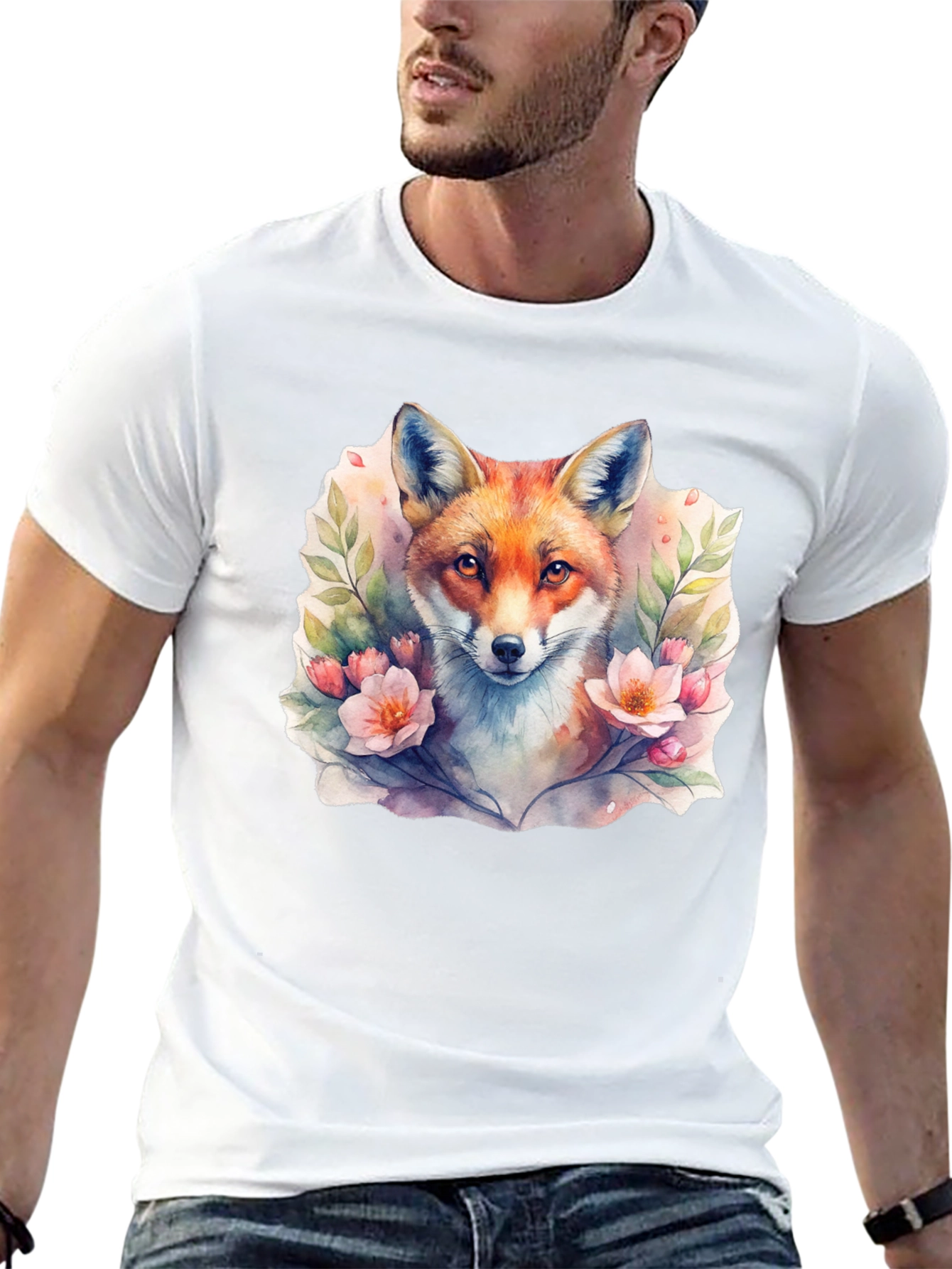 Black Fox Floral Watercolor Graphic Tee - Unisex Black T-Shirt view 13