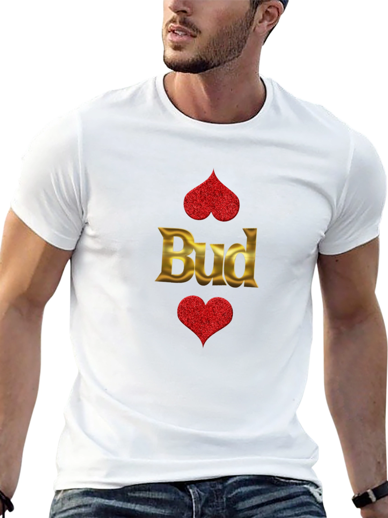 Black Bud T-Shirt - Gold Lettering, Red Hearts view 13
