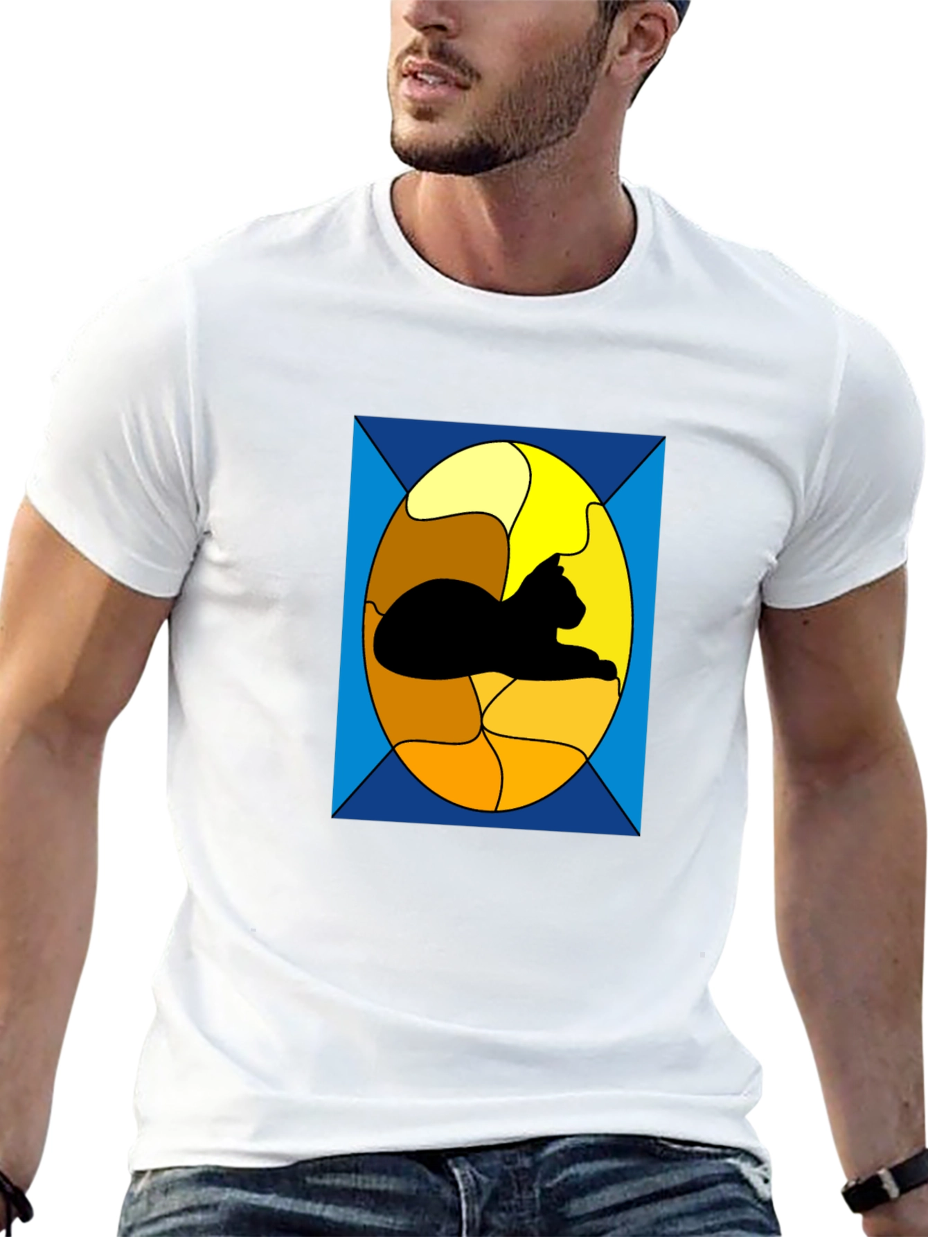 Black Stained Glass Cat Graphic Tee - Black Casual T-Shirt view 13