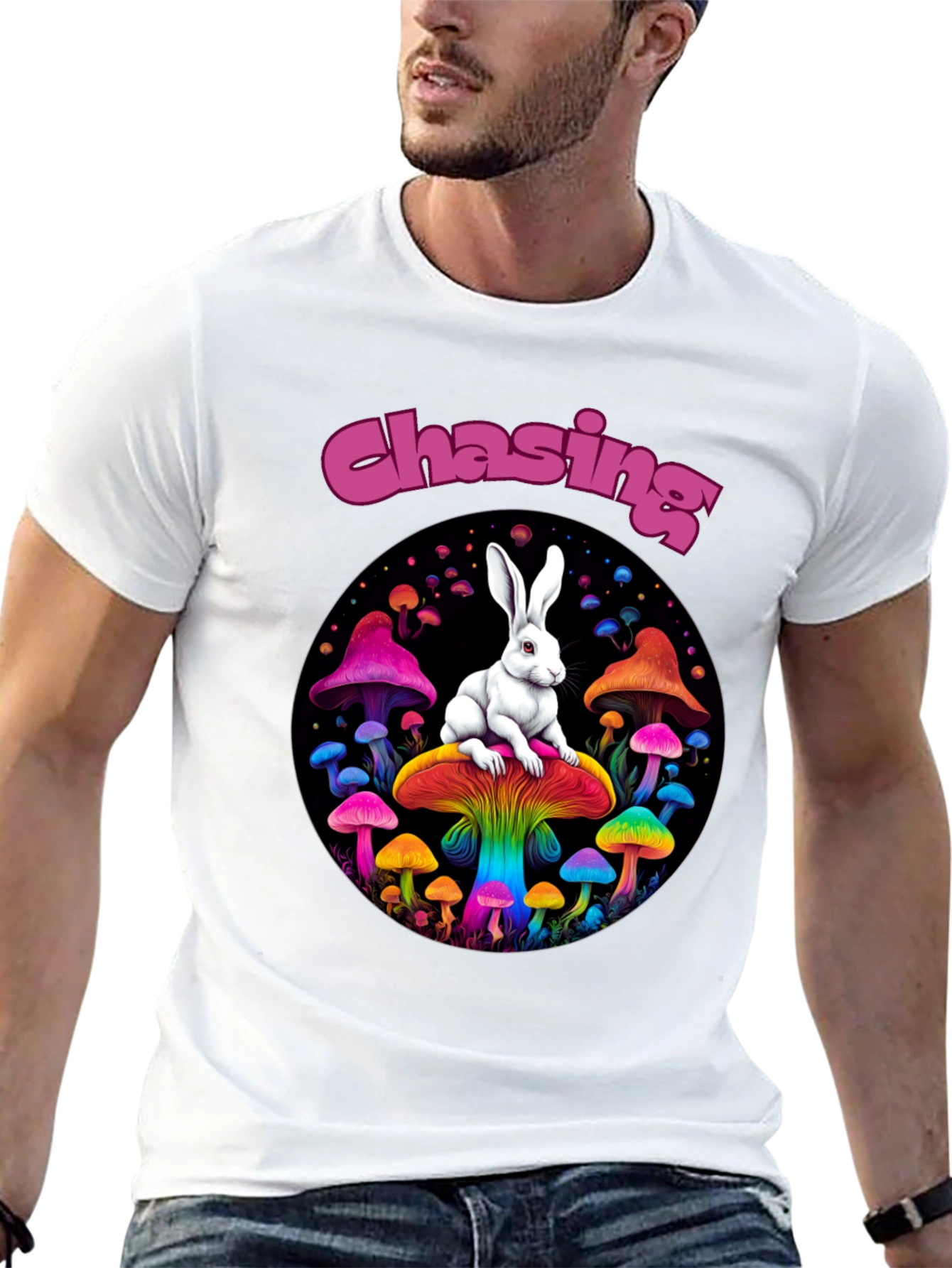 Black Chasing Rabbit Mushroom Graphic Tee view 13