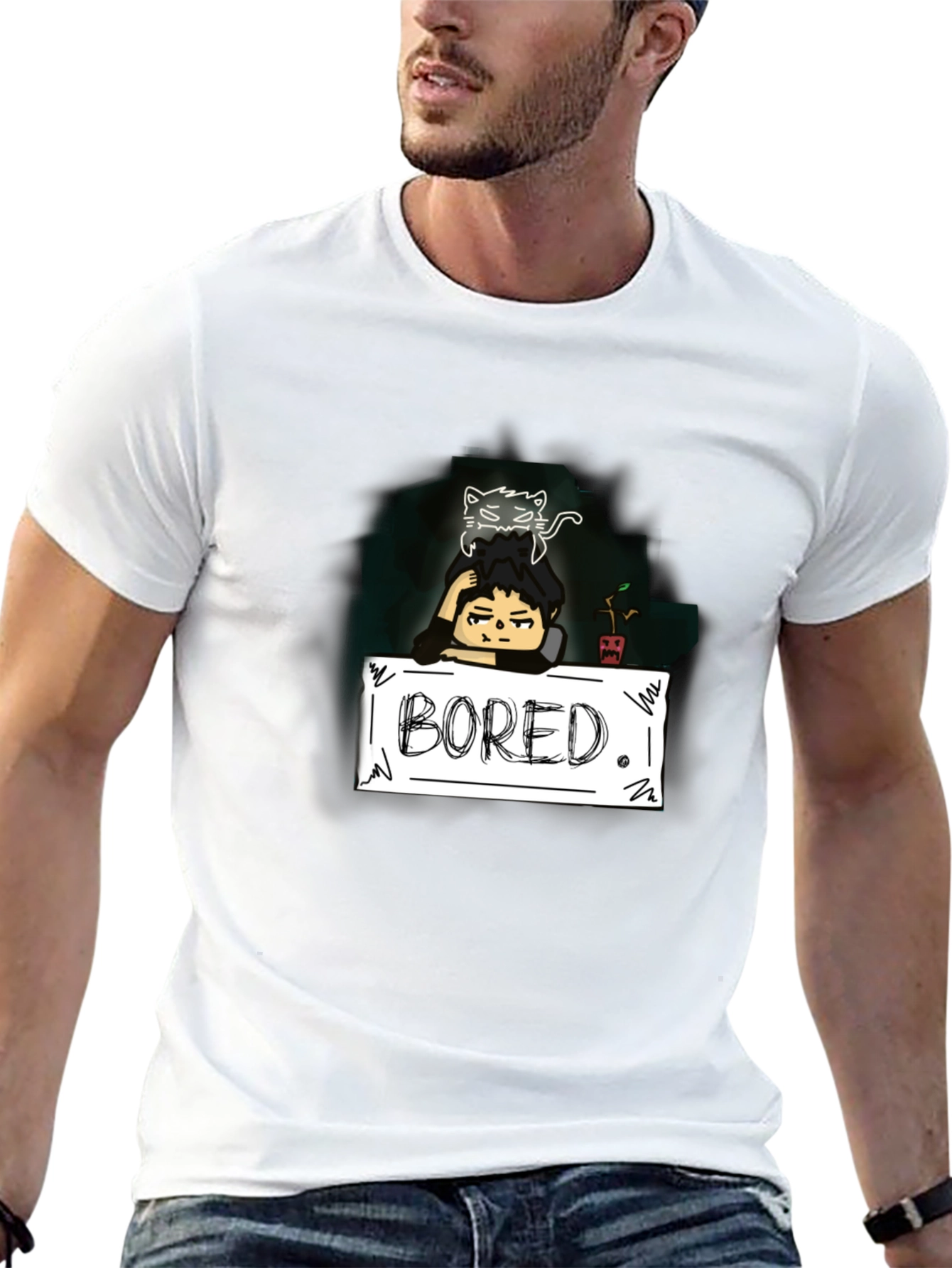 Black Bored Cat Graphic Tee - Black Cotton T-Shirt view 13