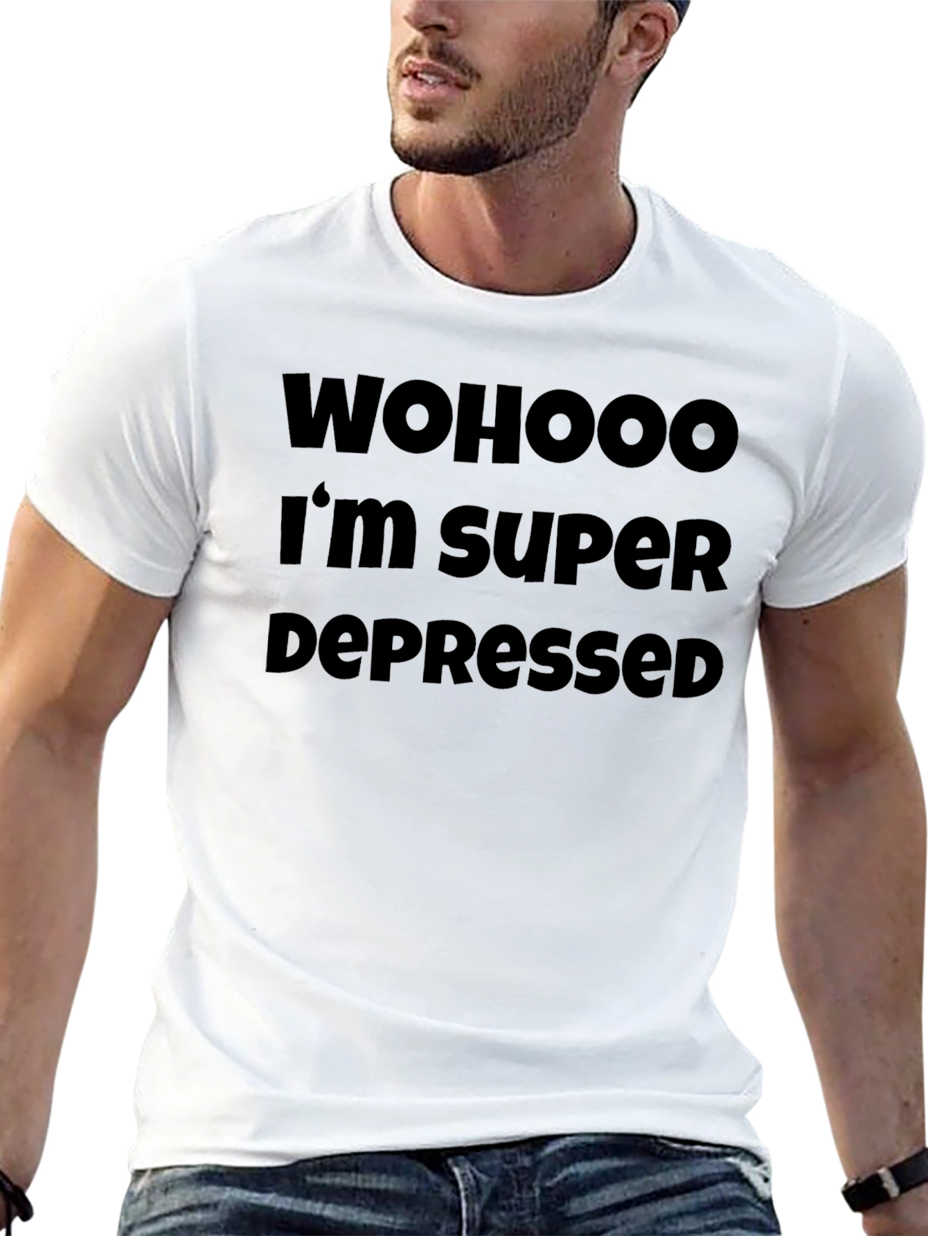 Black WOHOOO I'M SUPER DEPRESSED Black Graphic T-Shirt view 13