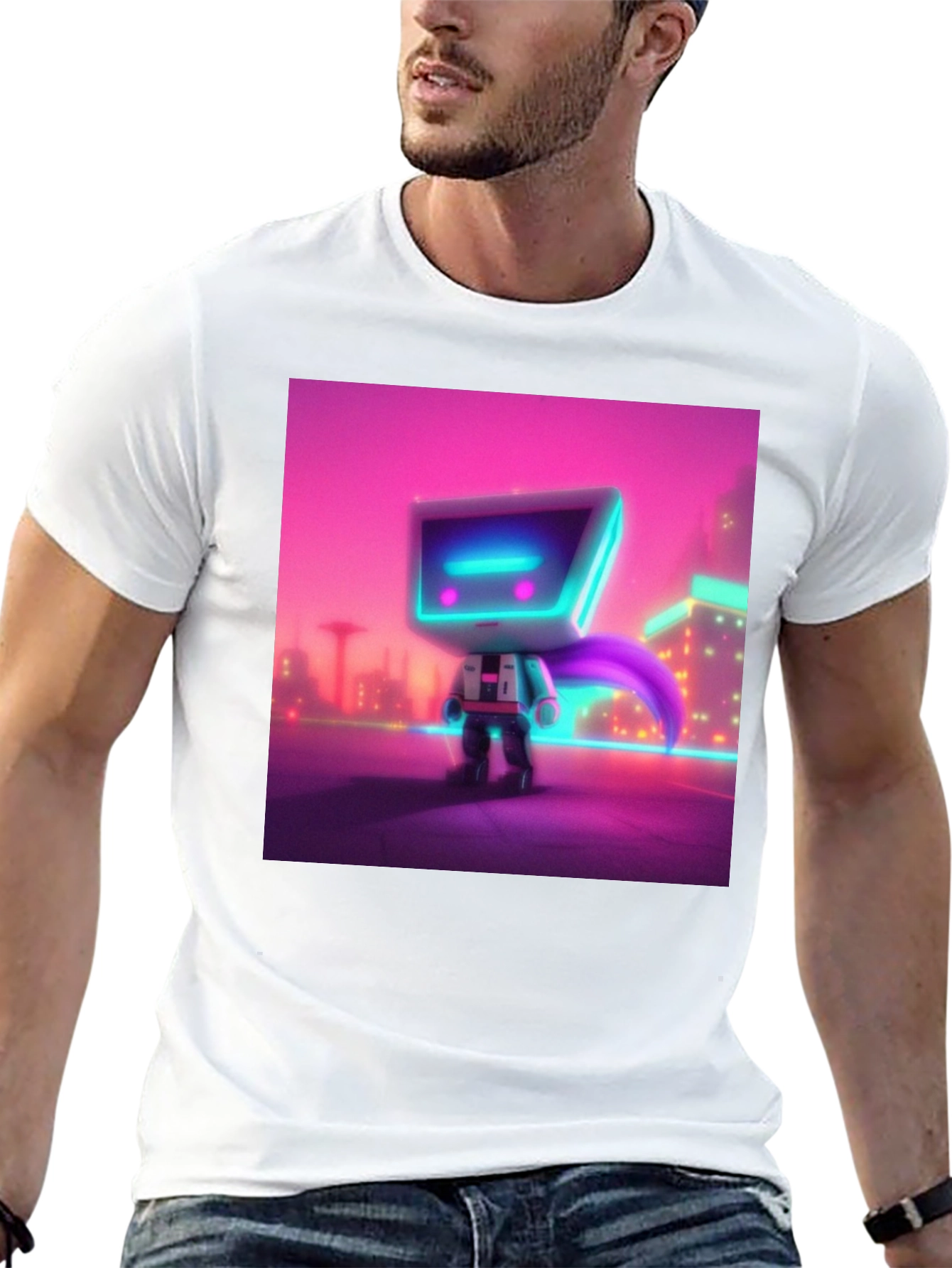 Black Cyberpunk Robot T-Shirt - Neon City Hero view 13