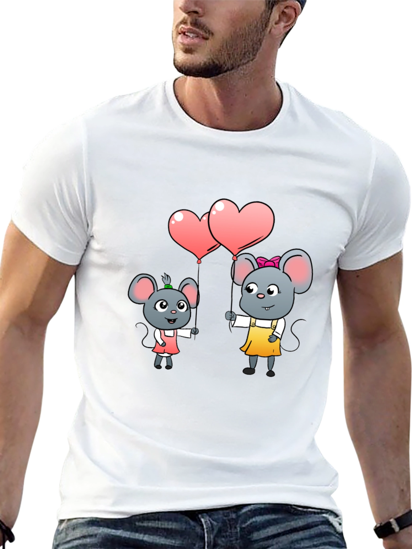 Black Cute Cartoon Mice Heart Balloons Graphic Tee view 13
