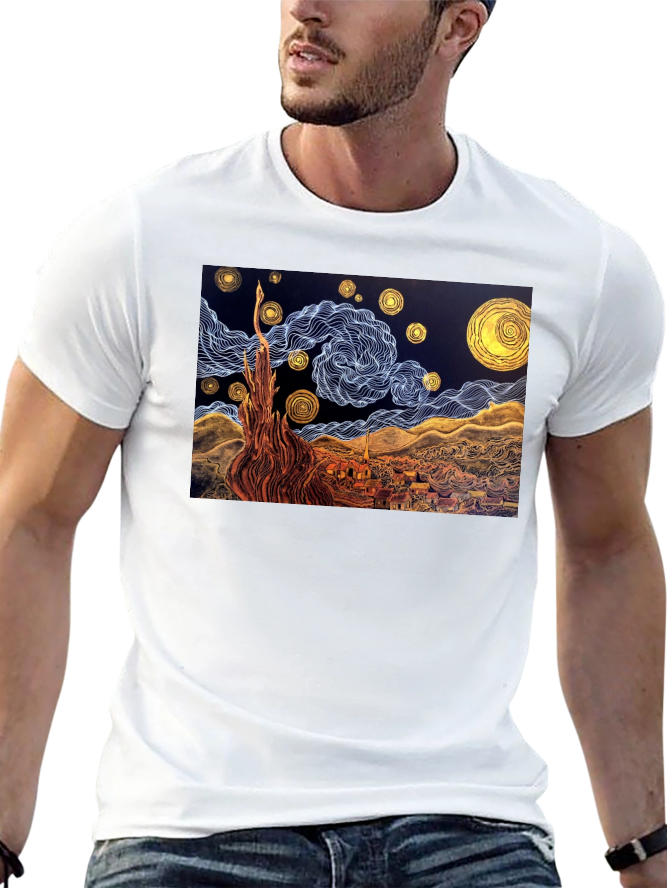 Black Starry Night Art T-Shirt view 13