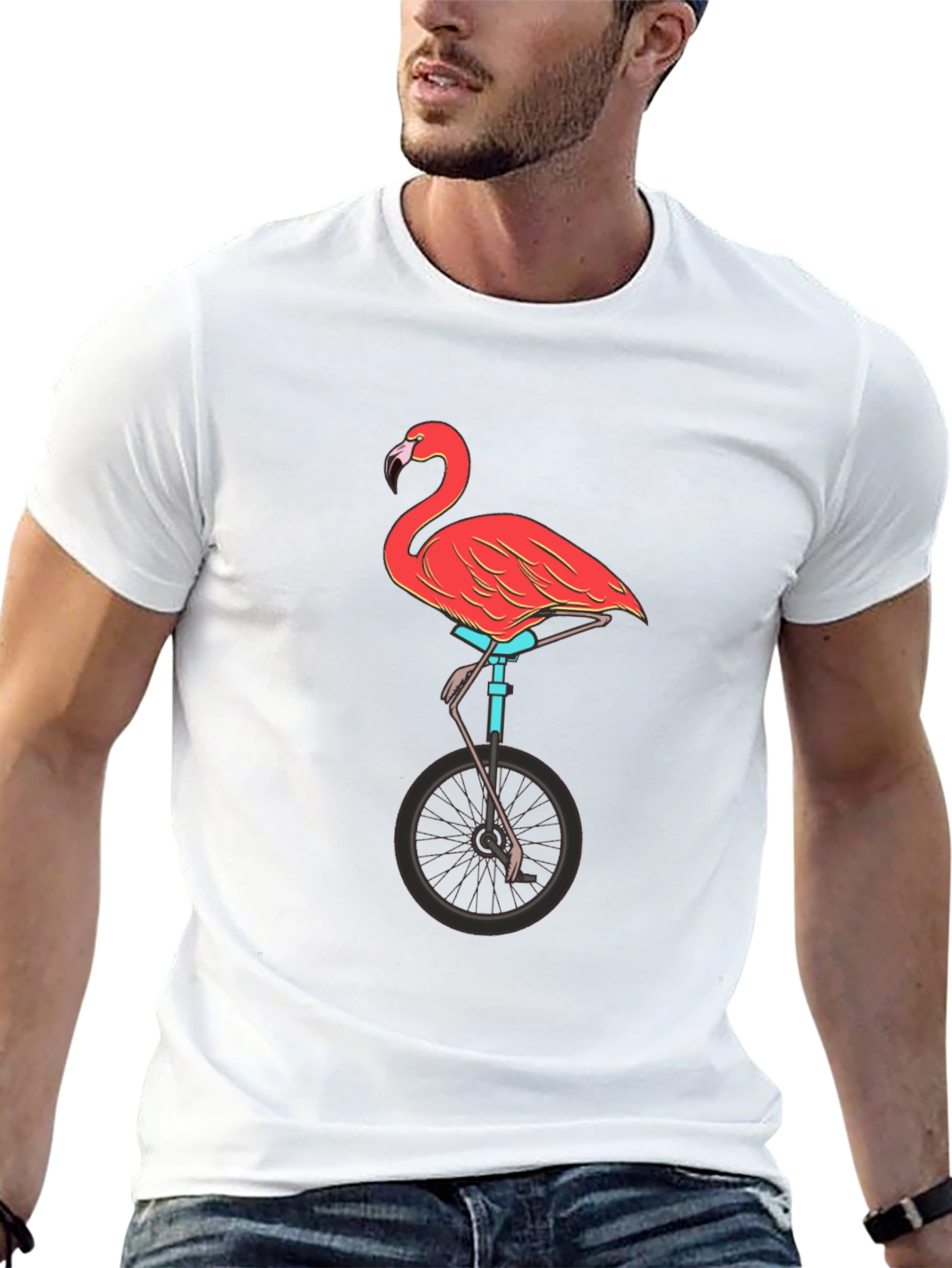 Black Flamingo on Unicycle Graphic Tee - Funky Unisex T-Shirt view 13