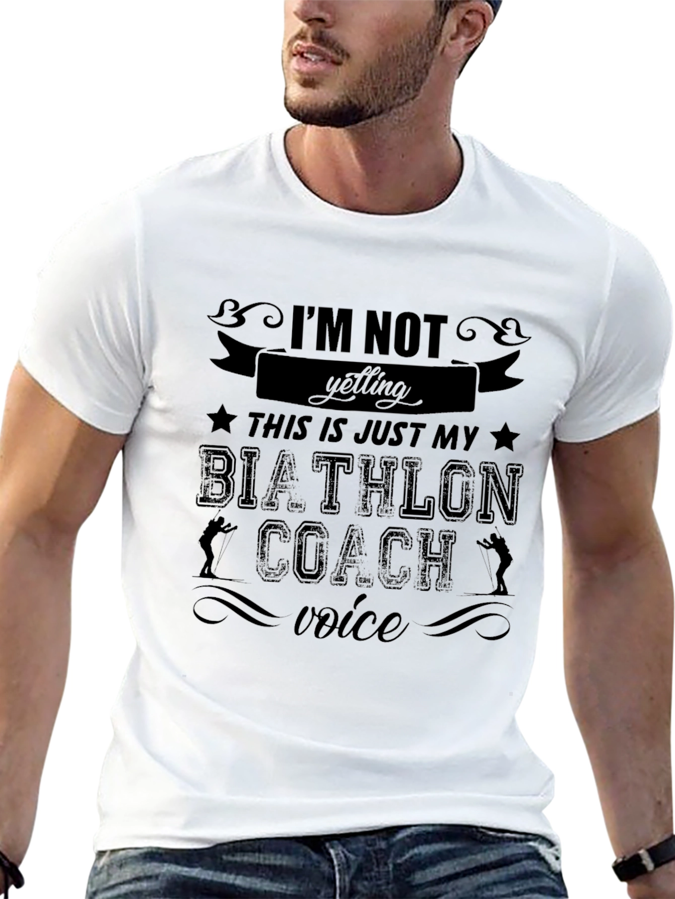 Black Biathlon Coach Voice T-Shirt - Funny Athlete Tee view 13