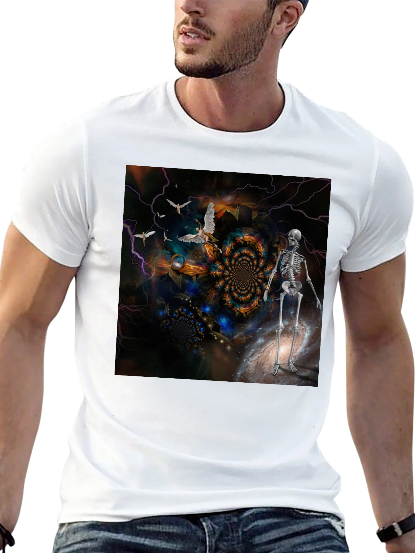 Black Surreal Skeleton Art T-Shirt view 13