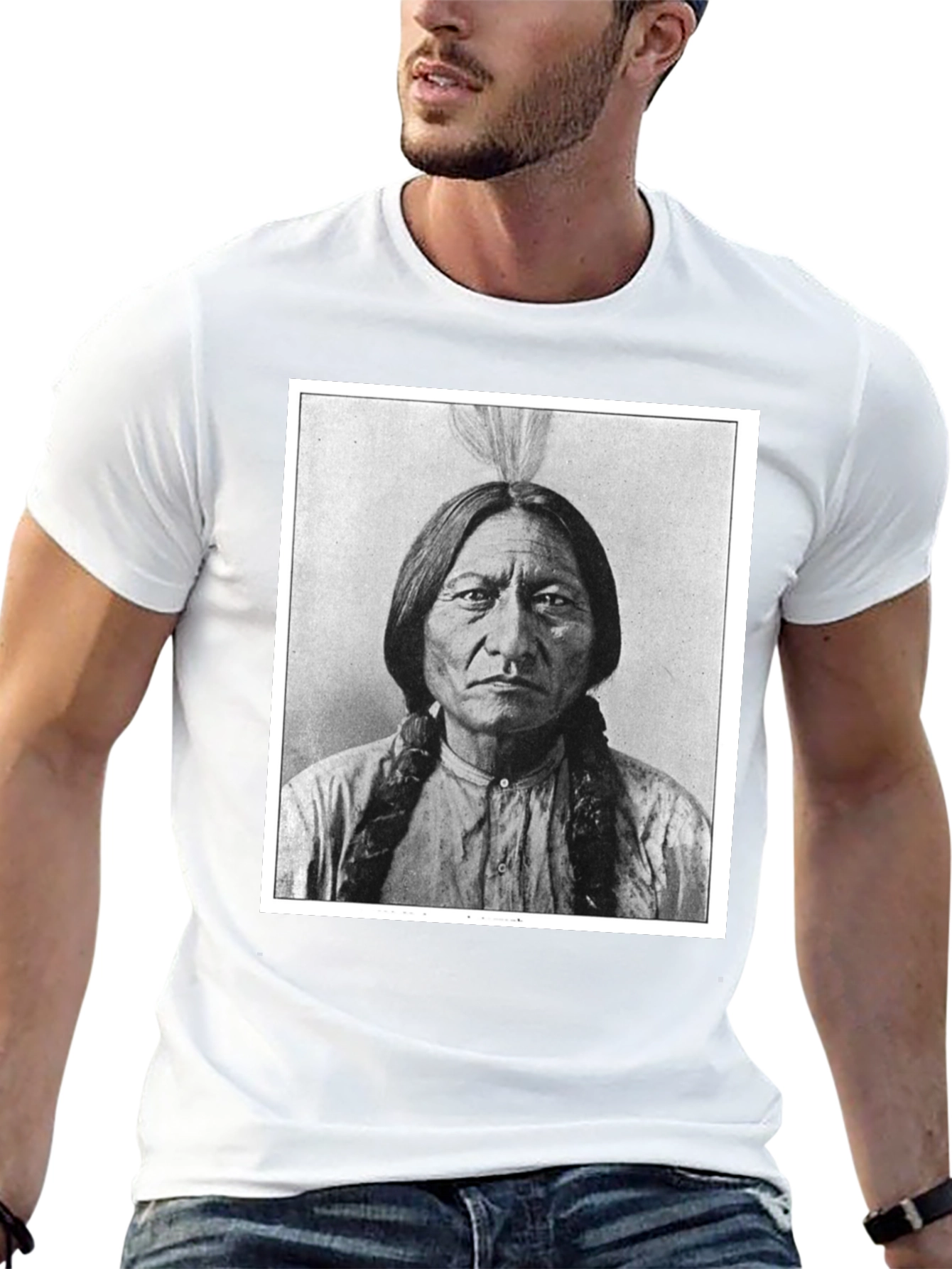 Black Sitting Bull Portrait T-Shirt - Black Cotton Tee view 13