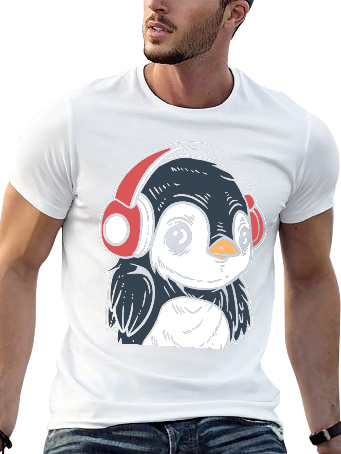 Black Penguin Headphones Graphic Tee - Cool Black T-Shirt view 13
