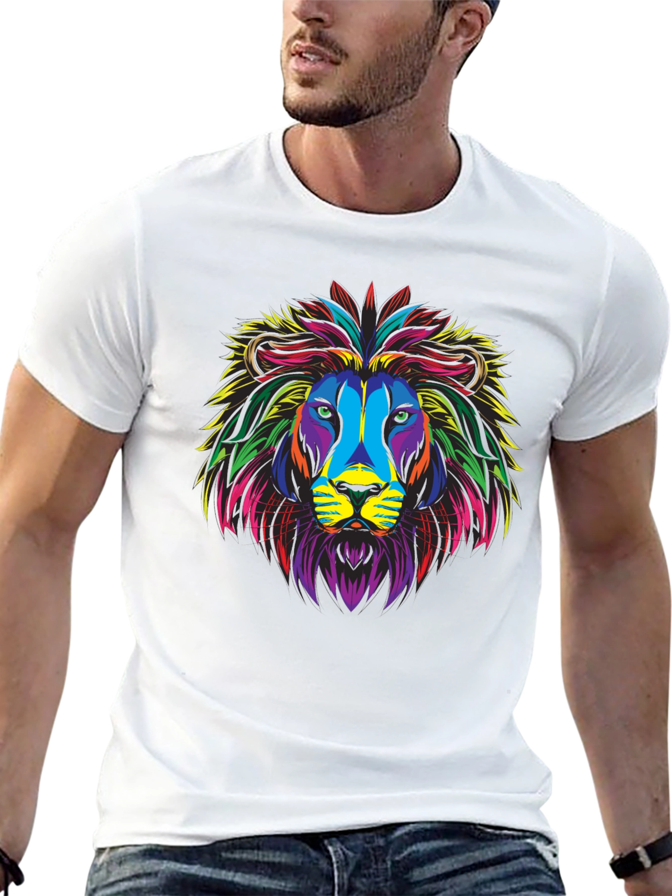 Black Colorful Lion Graphic Print Black T-Shirt view 13