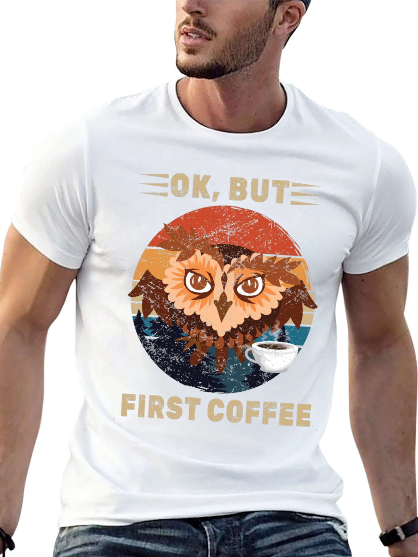 Black Ok, But First Coffee Owl T-Shirt view 13
