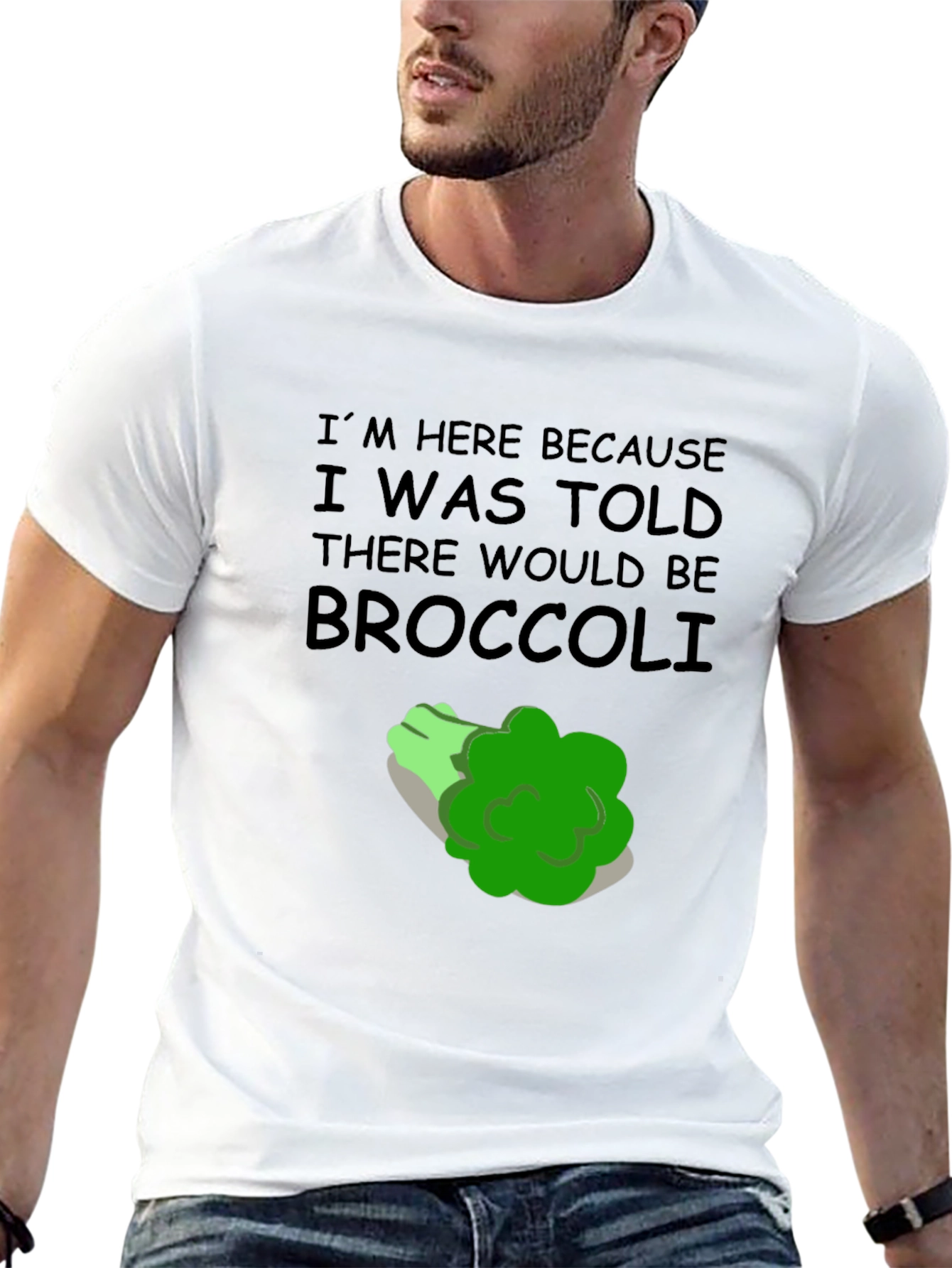Black Broccoli T-Shirt: I'm Here Because Broccoli Humor view 13