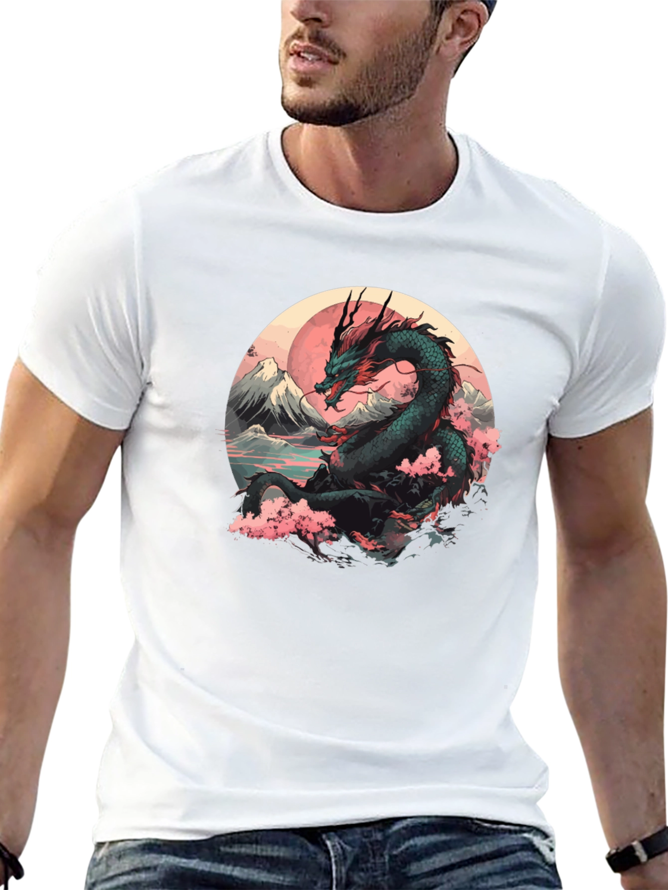 Black Dragon & Sakura Blossom Graphic Black T-Shirt view 13