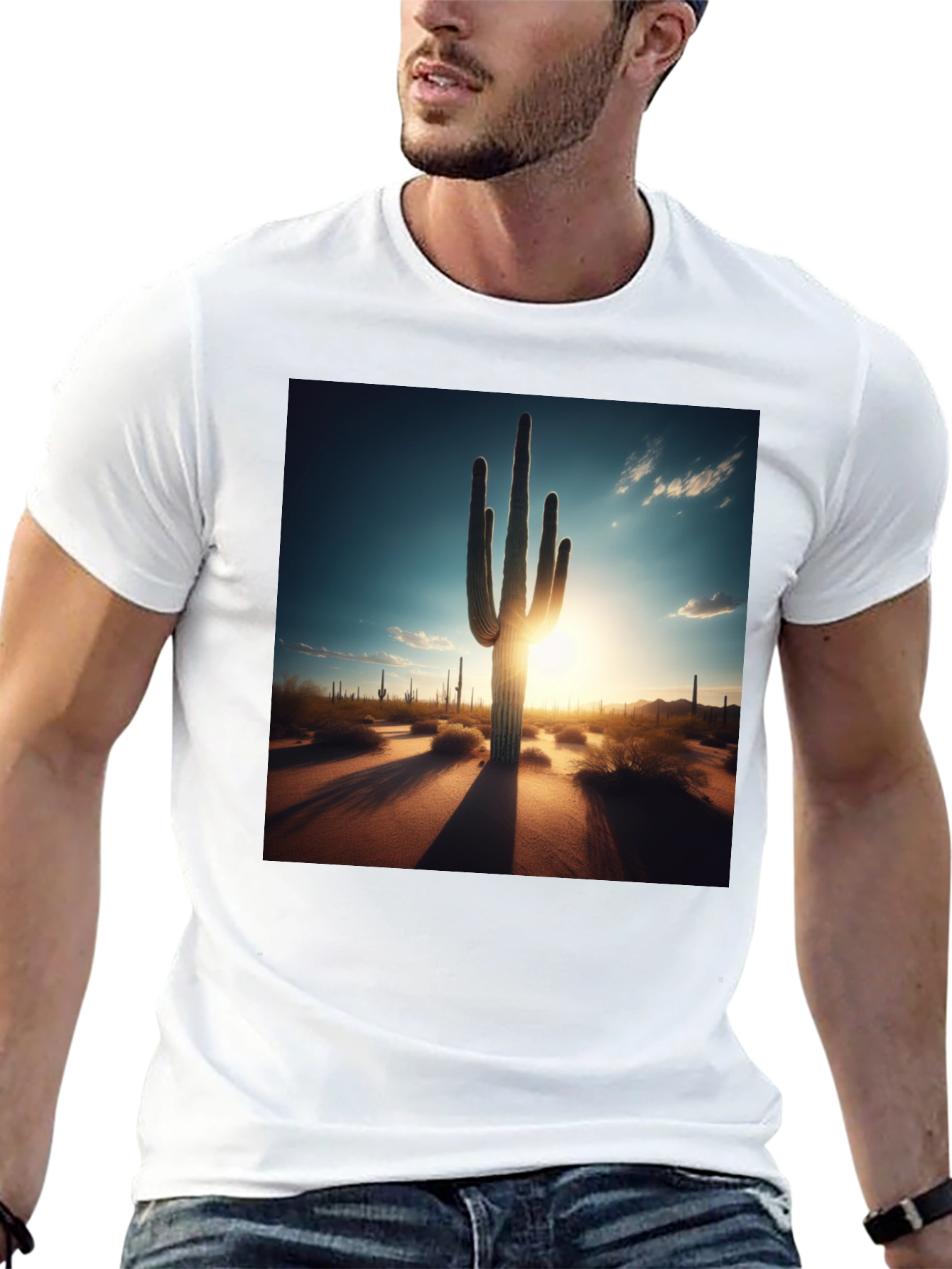 Black Desert Sunset Cactus Graphic Tee - Black Cotton T-Shirt view 13