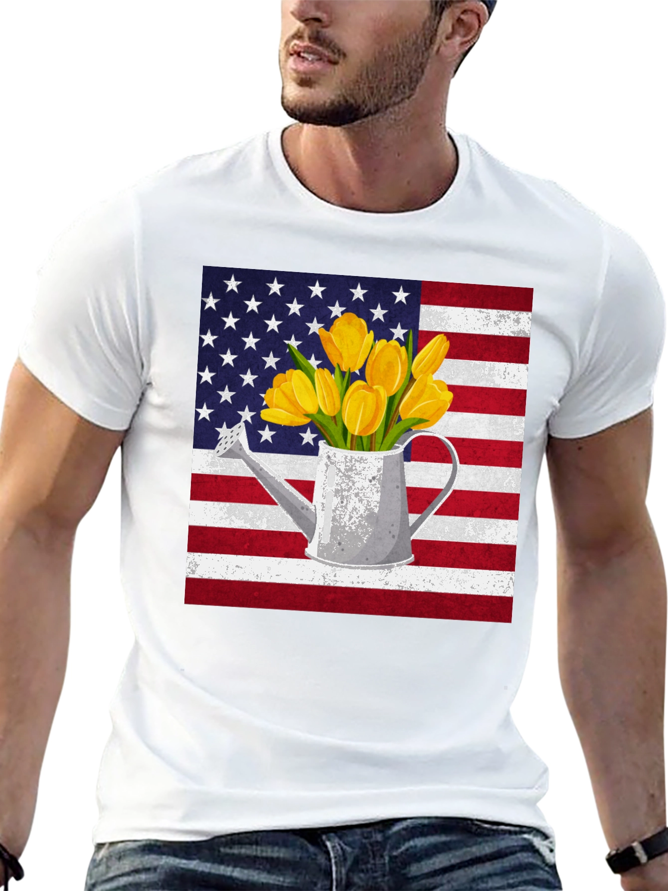 Black American Flag Tulips Watering Can Graphic Tee view 13