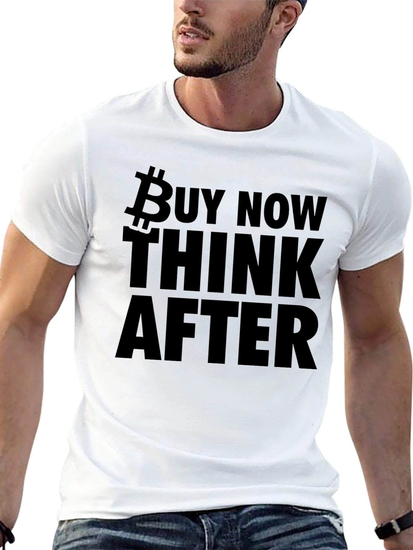 Black Bitcoin Buy Now Think Later Black T-Shirt view 13