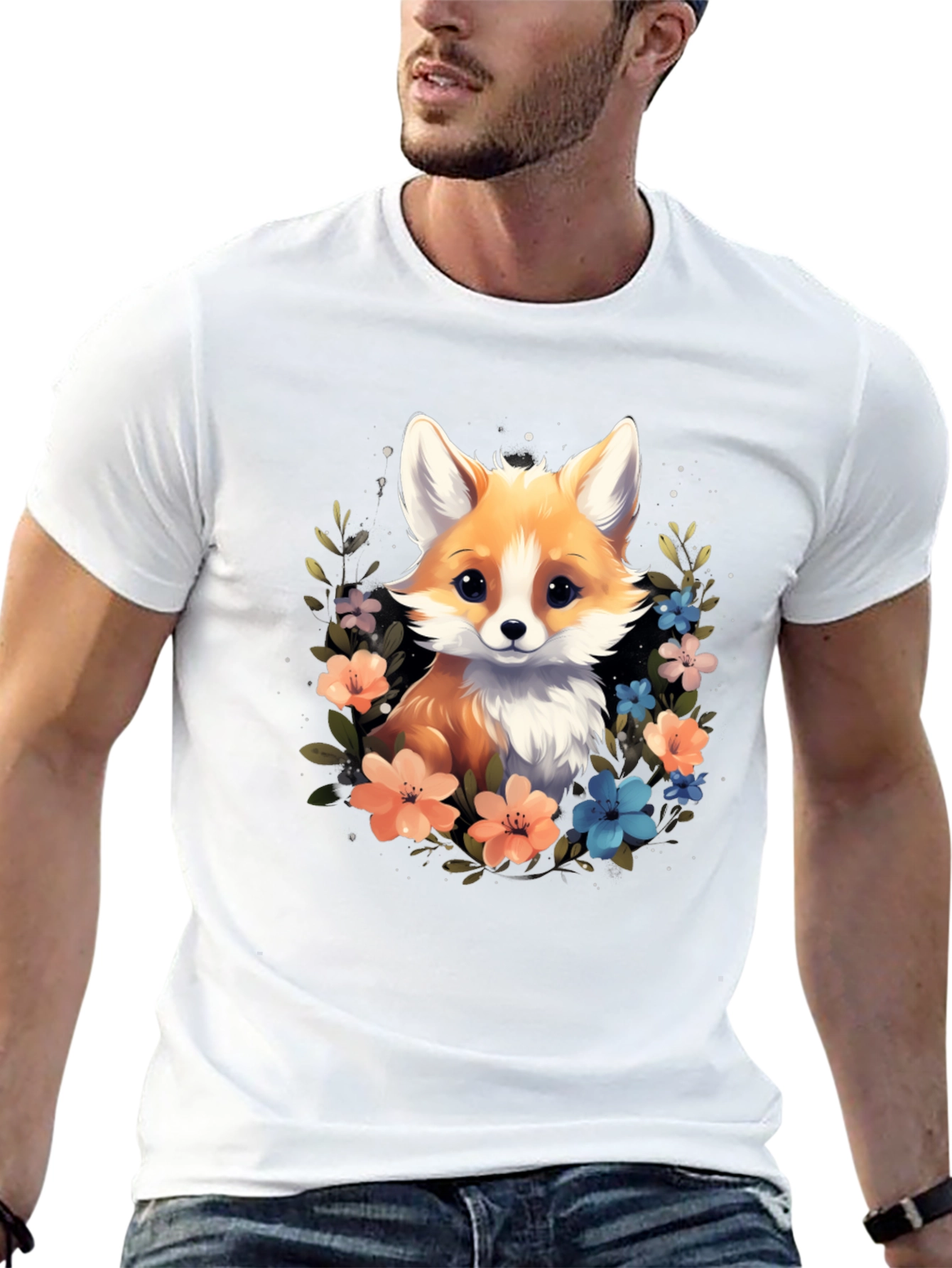 Black Cute Fox Floral Black T-Shirt view 13