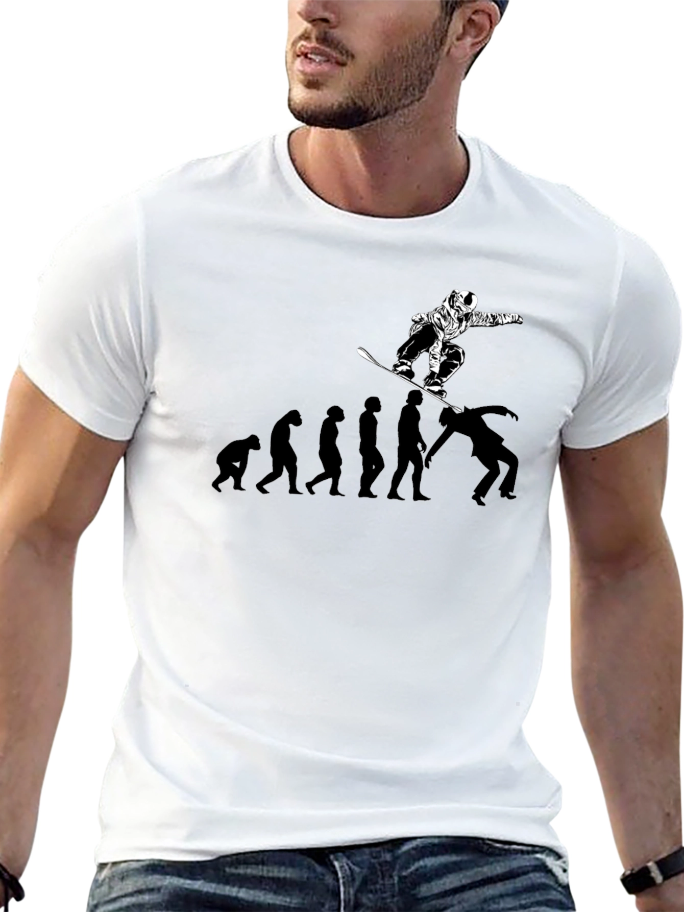 Black Snowboard Evolution T-Shirt: Black Crew Neck Graphic Tee view 13