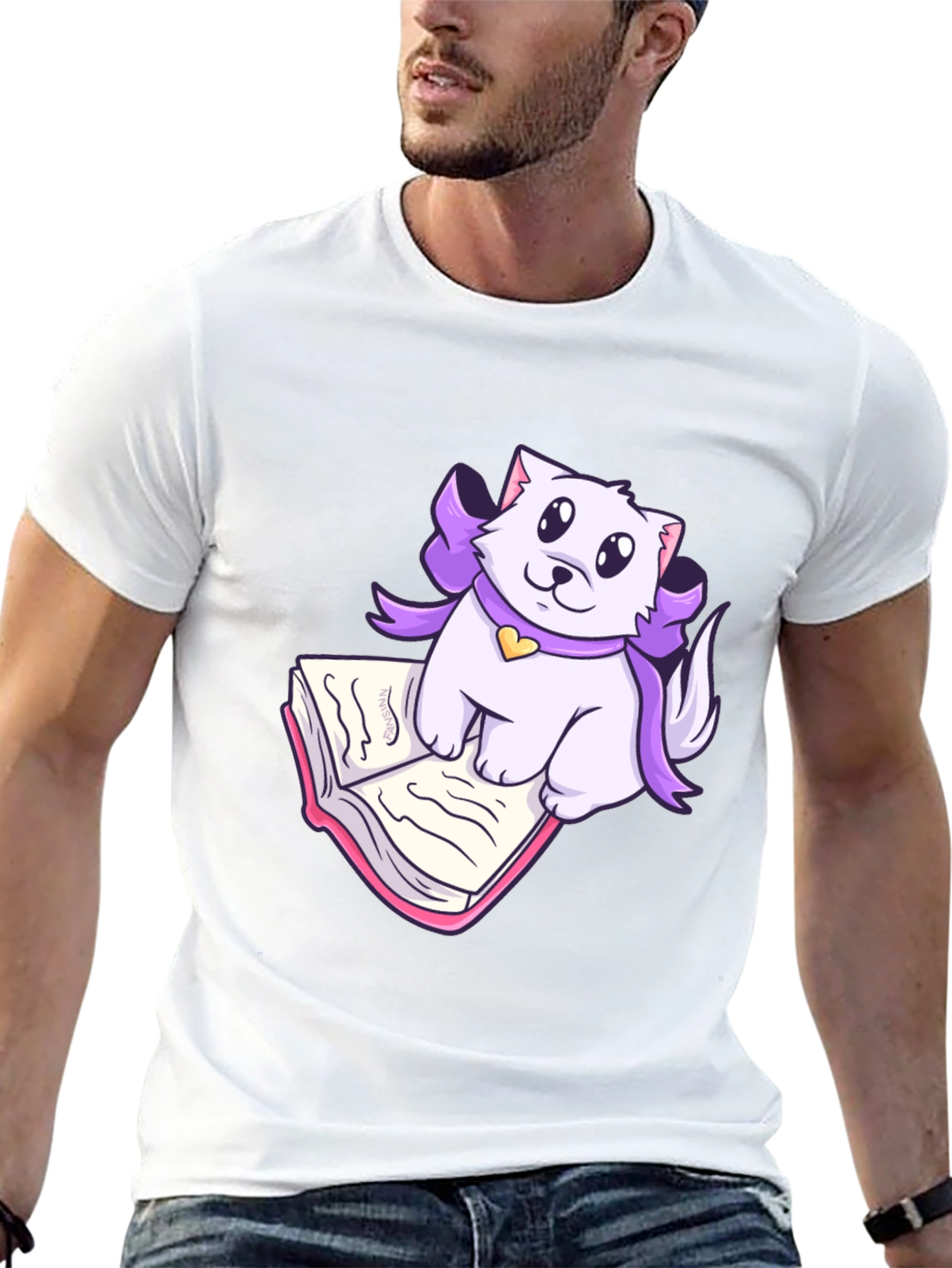 Black Cute Cat Reading T-Shirt - Soft Cotton Blend view 13