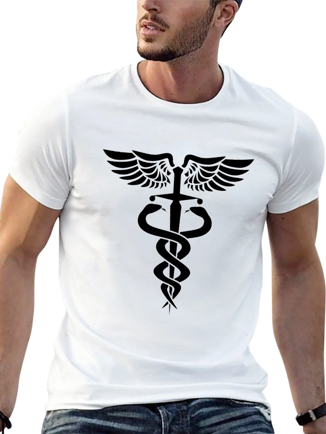 Black Men's Black Caduceus Symbol T-Shirt view 13