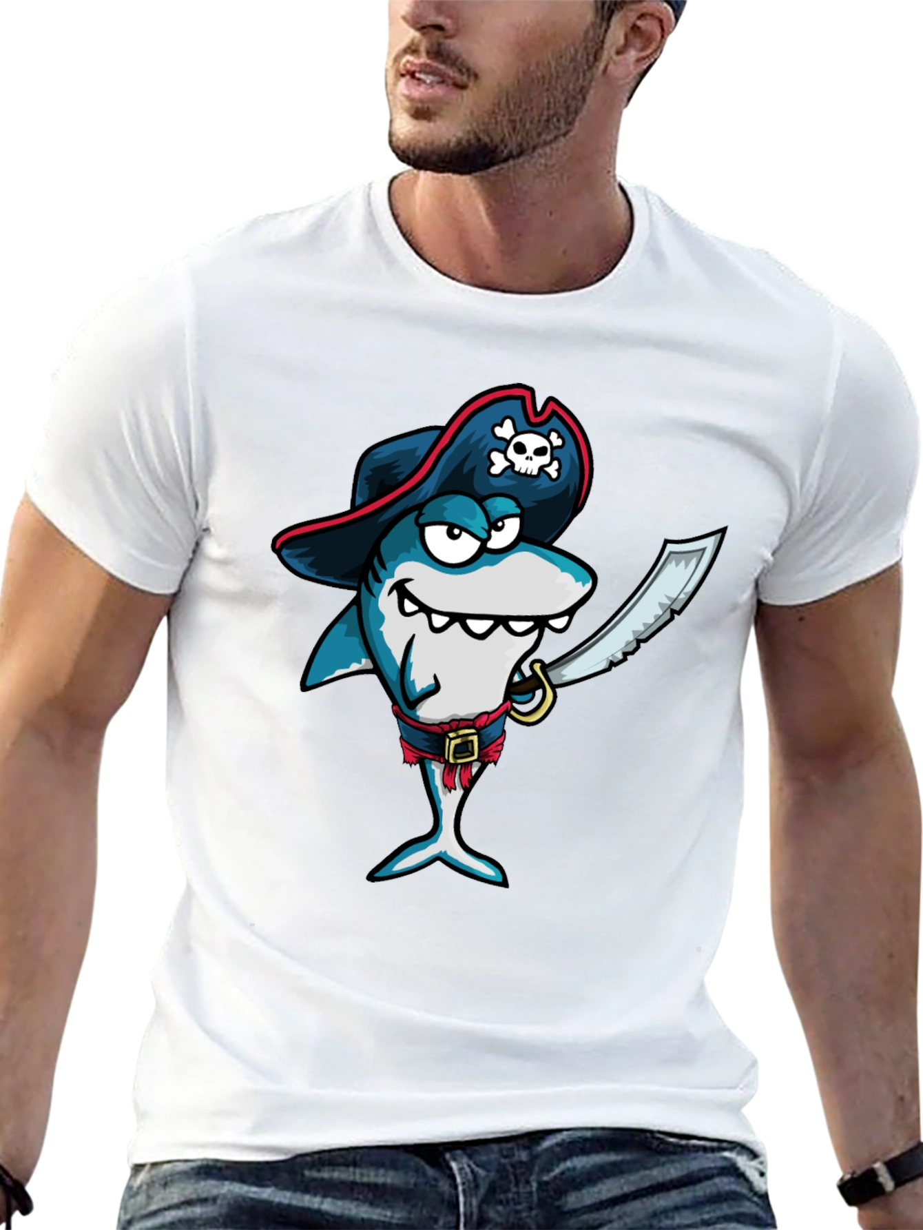 Black Pirate Shark Graphic Tee - Black Cotton T-Shirt view 13