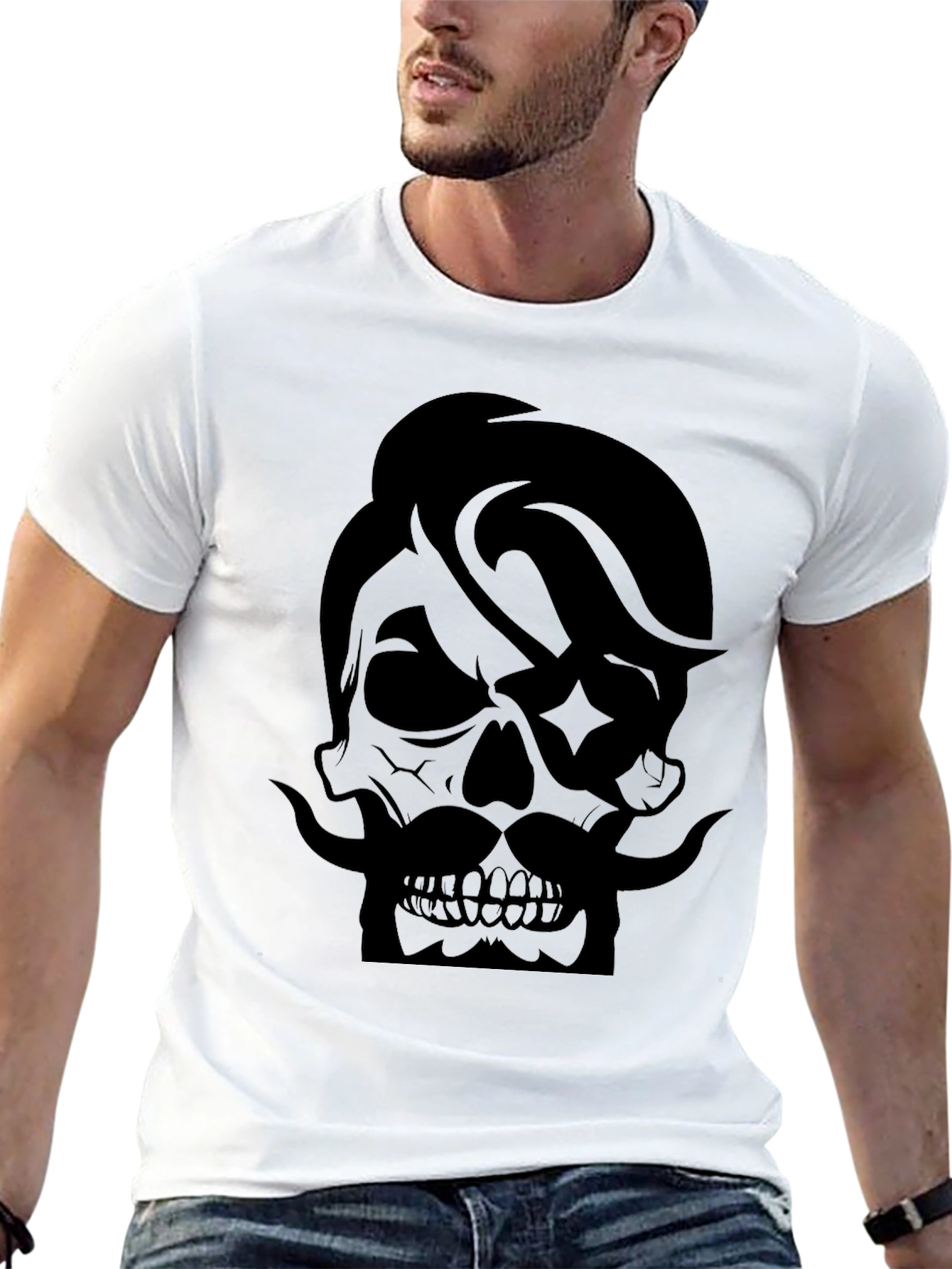 Black Skull with Mustache Graphic Tee - Cool Black T-Shirt view 13