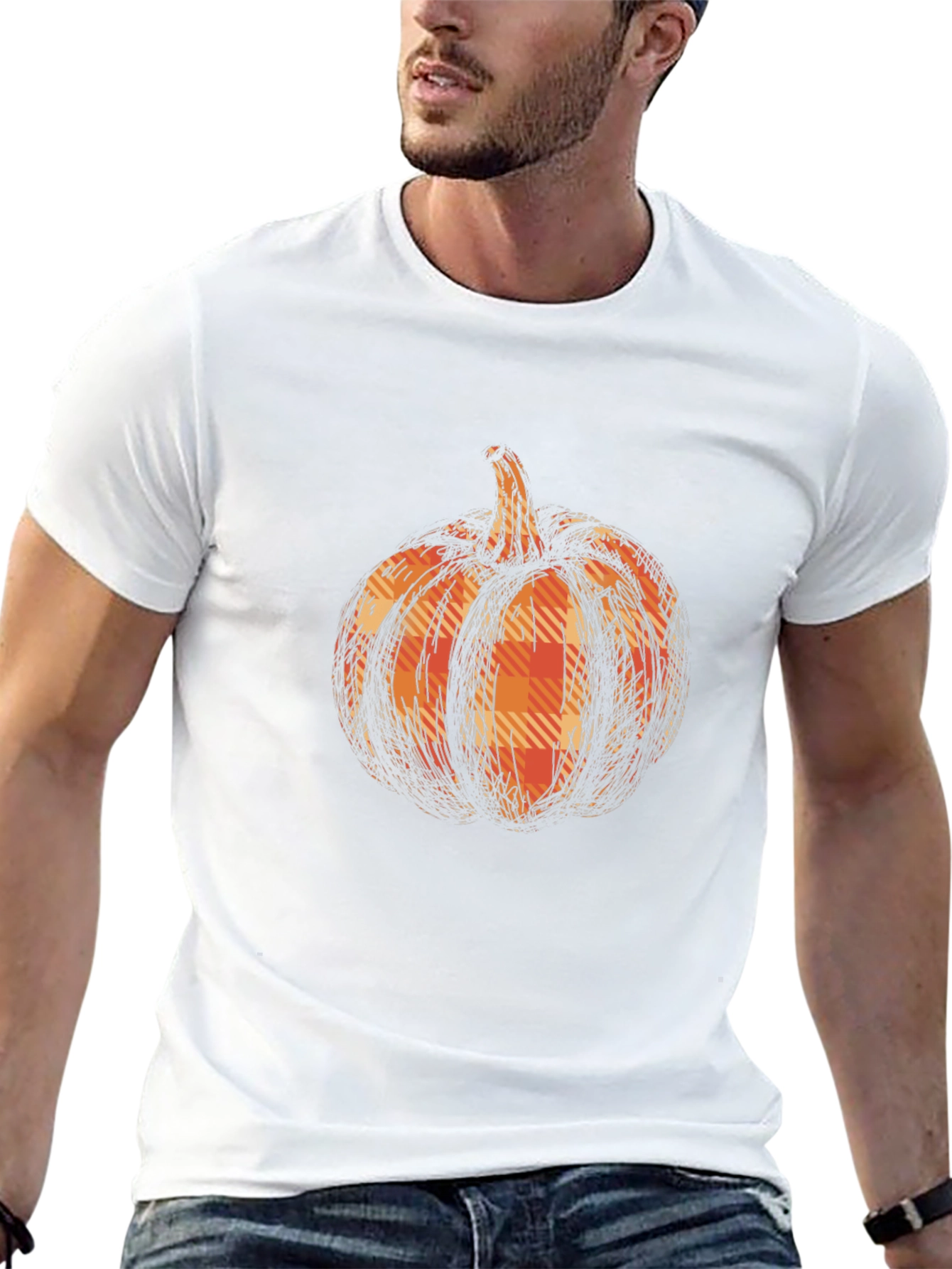 Black Pumpkin Plaid Graphic Tee - Black Cotton Casual T-Shirt view 13