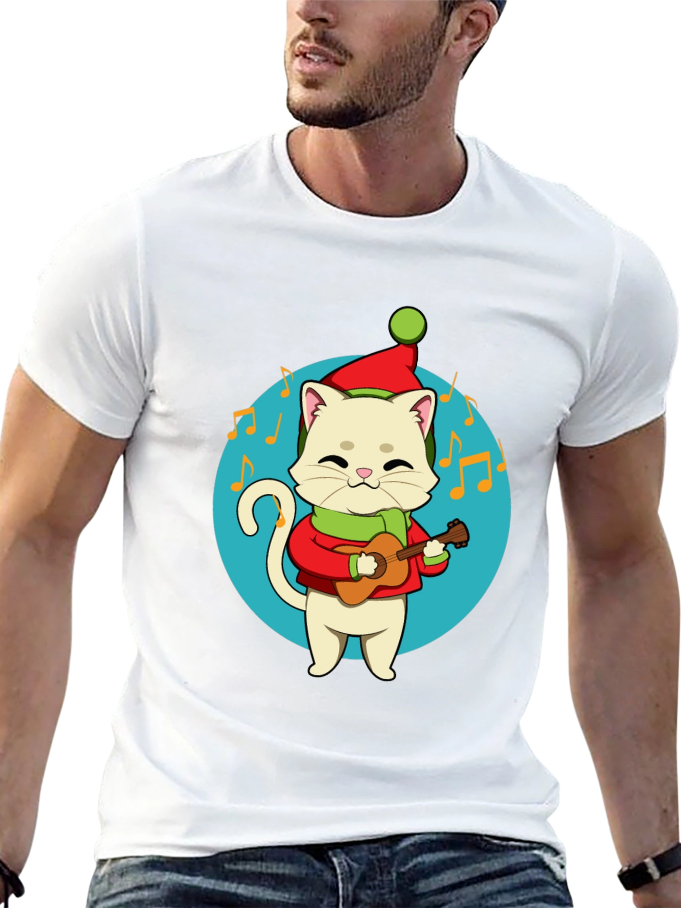 Black Festive Cat Guitarist Graphic Tee - Holiday Cheer! view 13