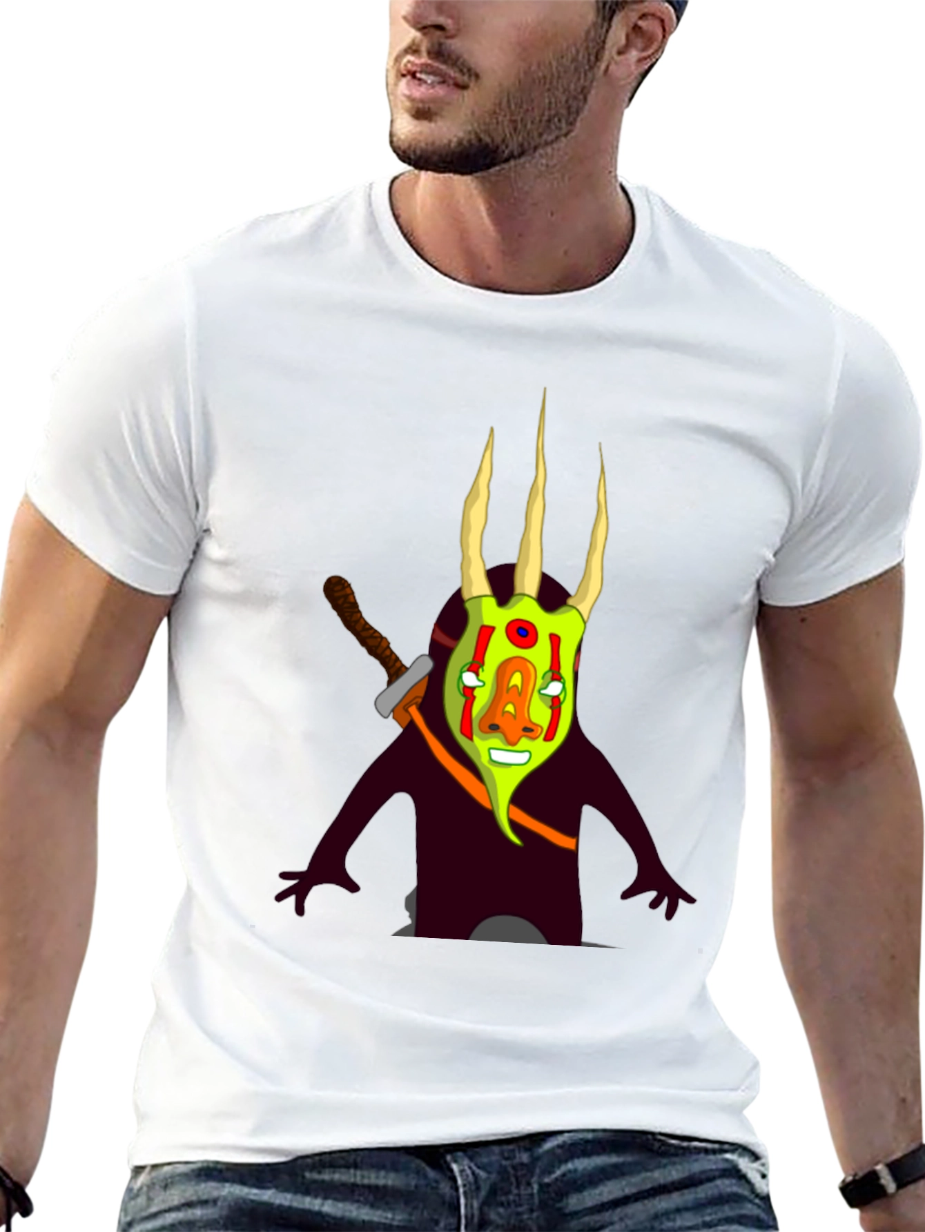 Black Graphic Tee: Cartoon Monster with Sword view 13