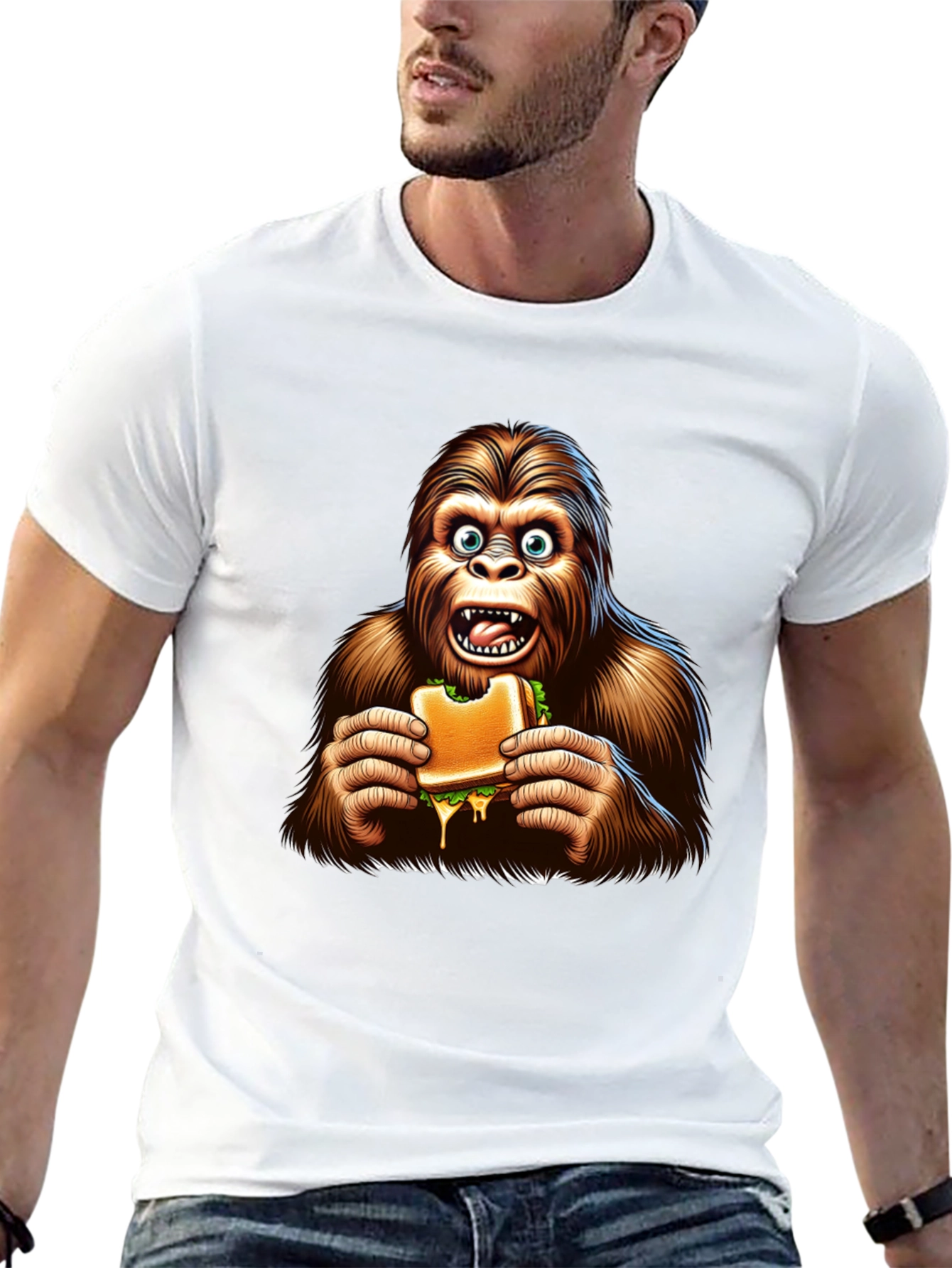 Black Bigfoot Eating Sandwich Funny Graphic Tee view 13
