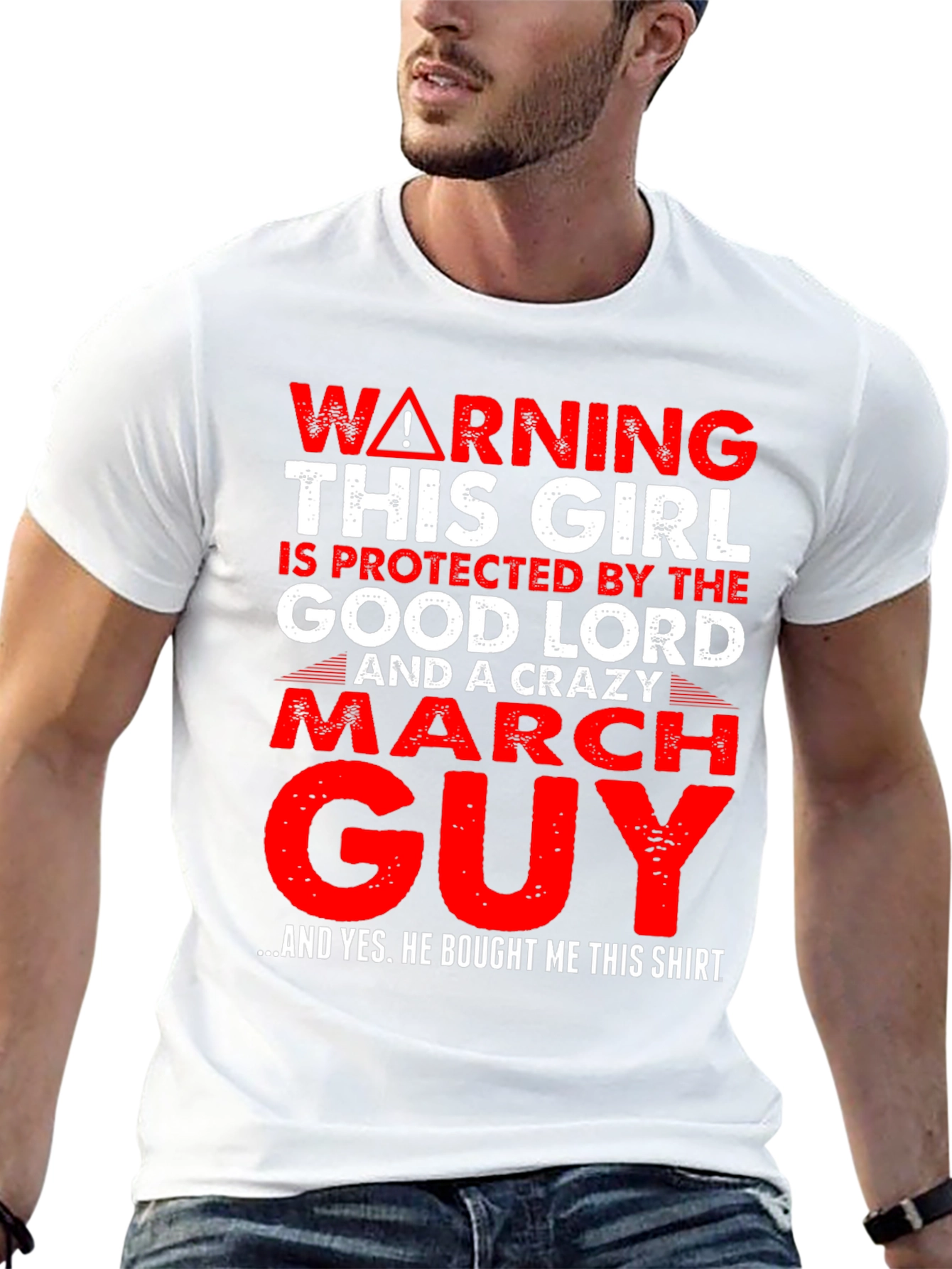Black Warning Protected by Crazy March Guy T-Shirt view 13