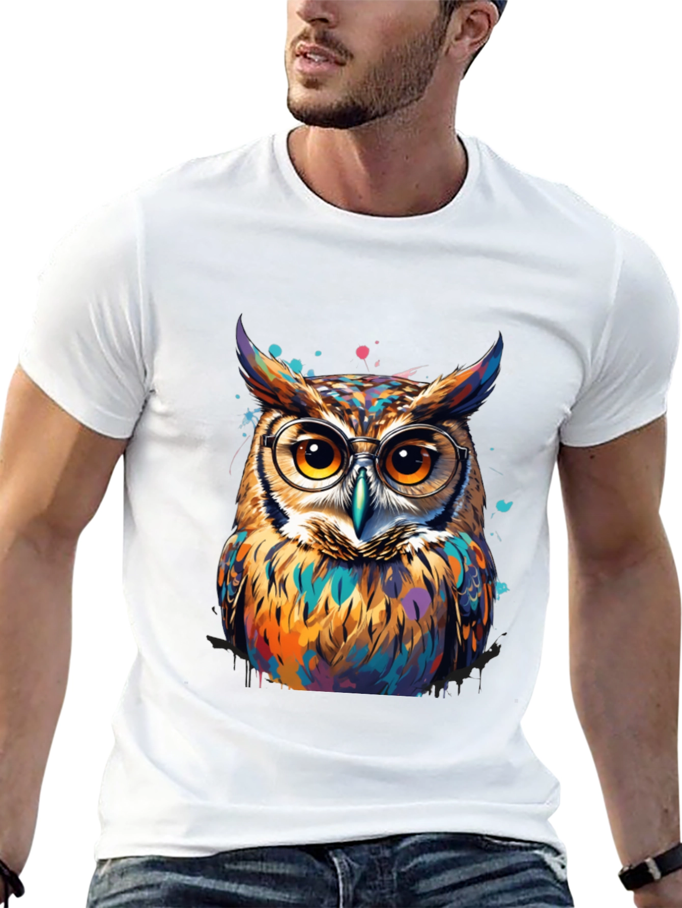 Black Colorful Owl Graphic Tee - Unisex Cotton T-Shirt view 13
