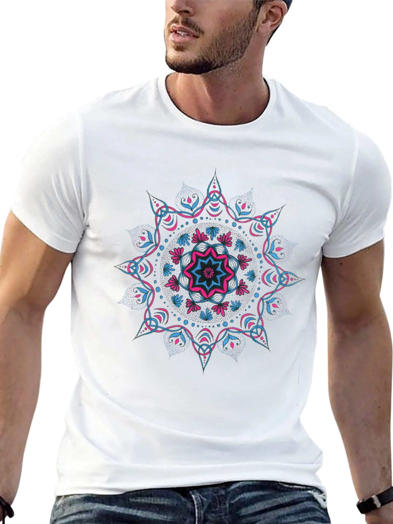 Black Black Tee with Vibrant Mandala Design view 13