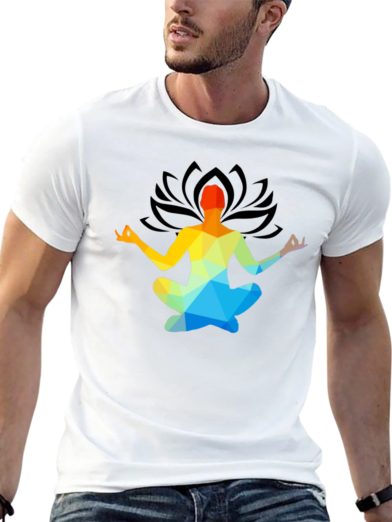 Black Meditative Geometric Lotus Pose T-Shirt view 13