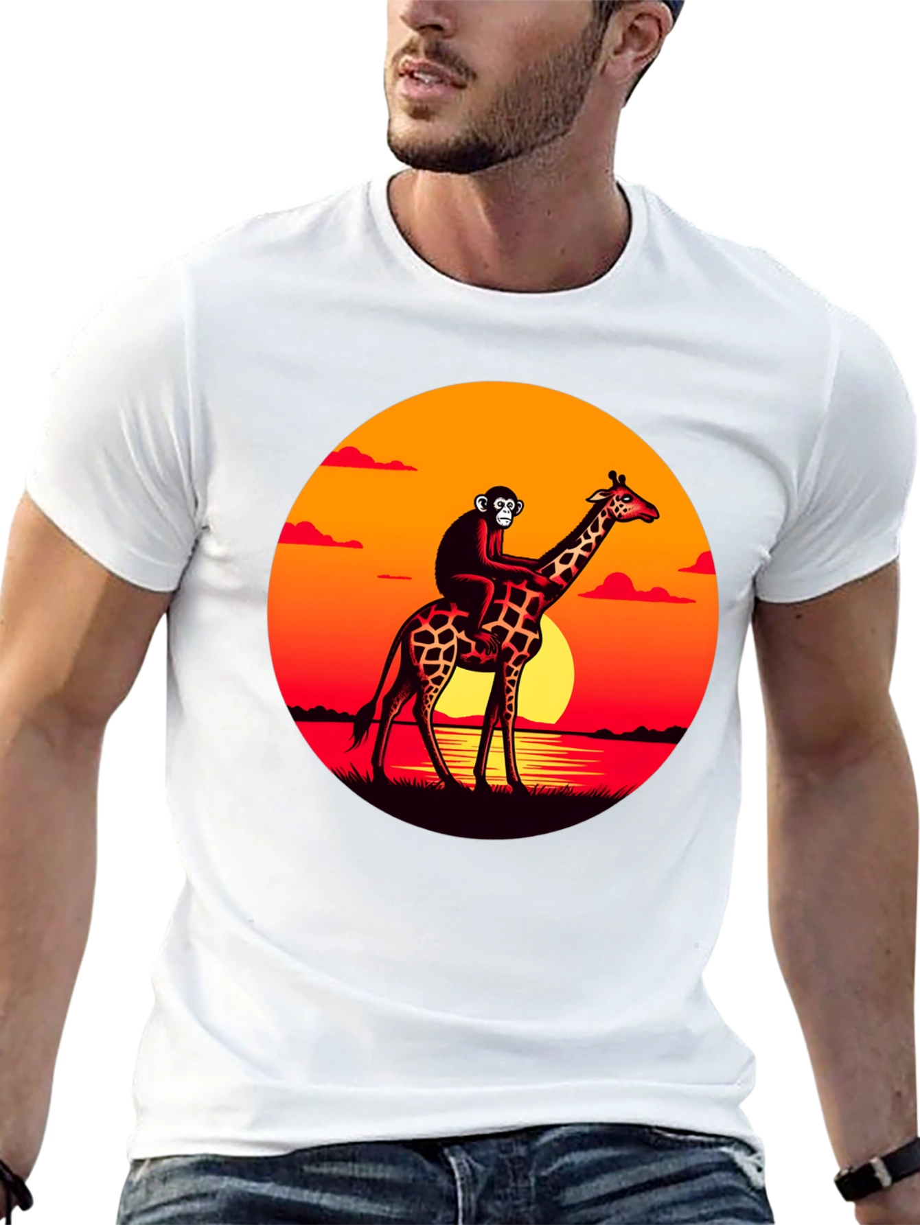 Black Monkey Riding Giraffe Sunset Graphic Tee view 13