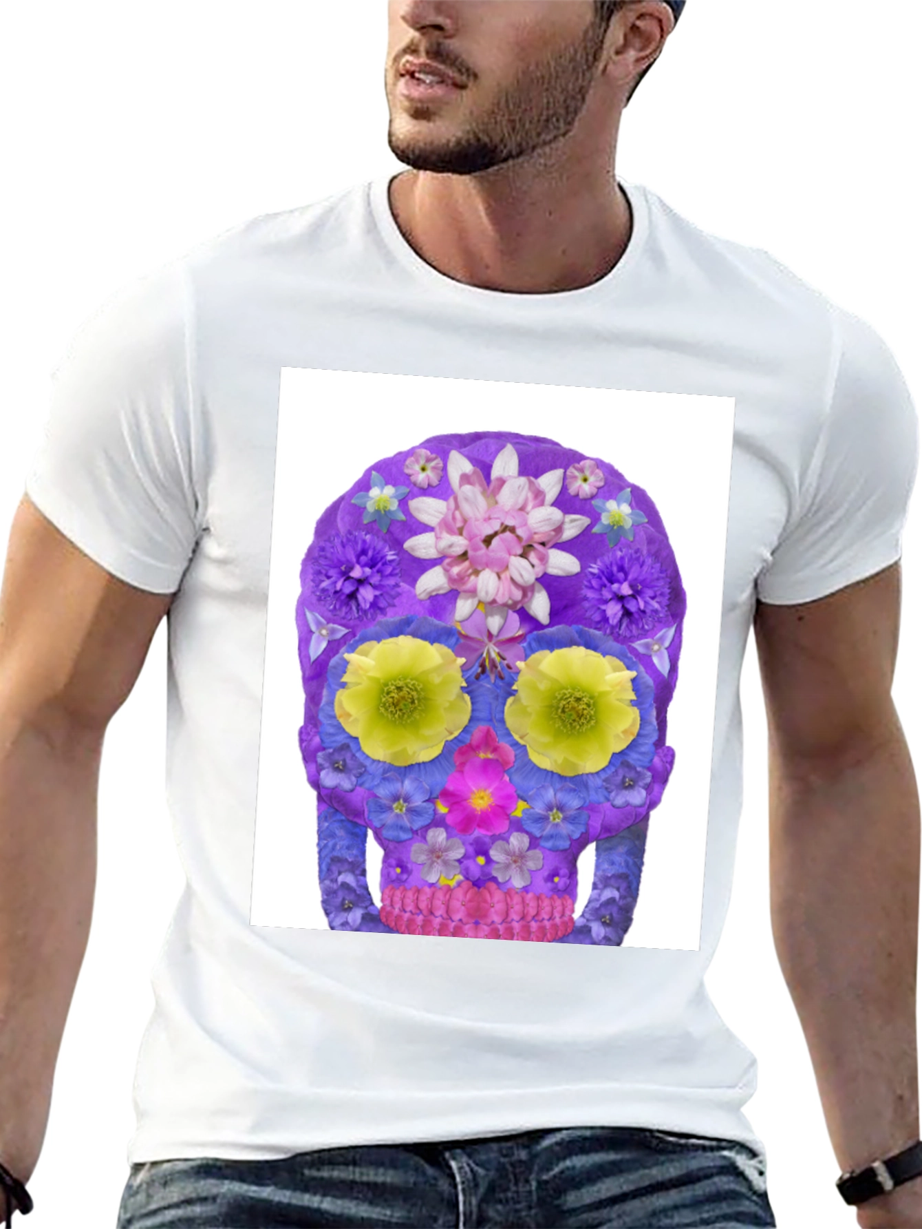 Black Floral Sugar Skull Graphic Tee - Black Cotton T-Shirt view 13