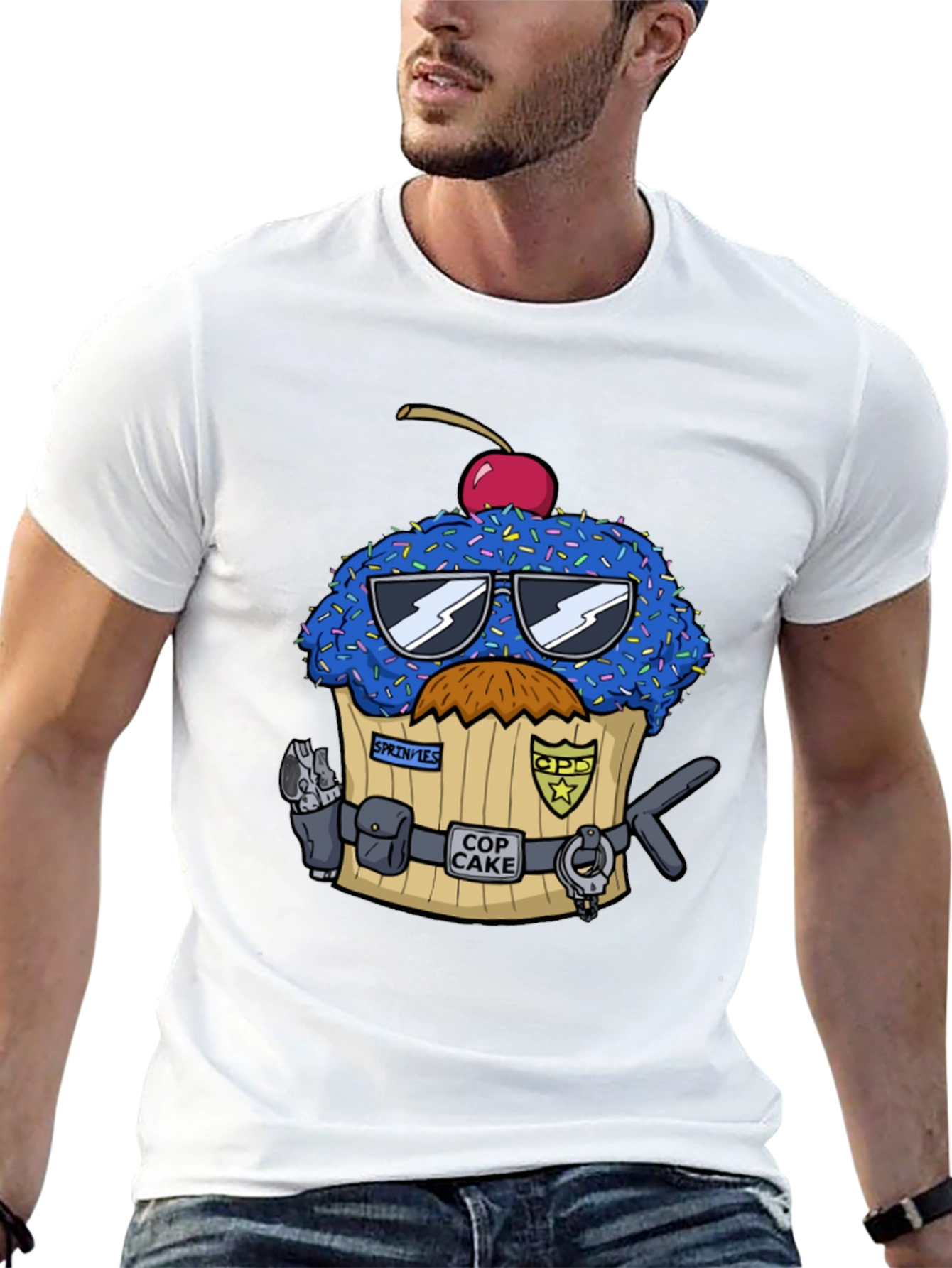 Black Cop Cake Graphic T-Shirt - Novelty Dessert Tee view 13