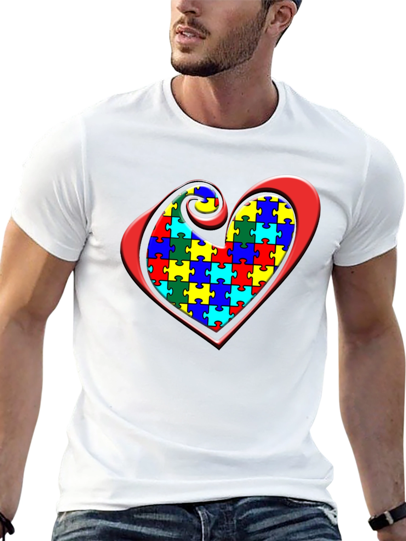 Black Autism Awareness Puzzle Heart Graphic Tee view 13
