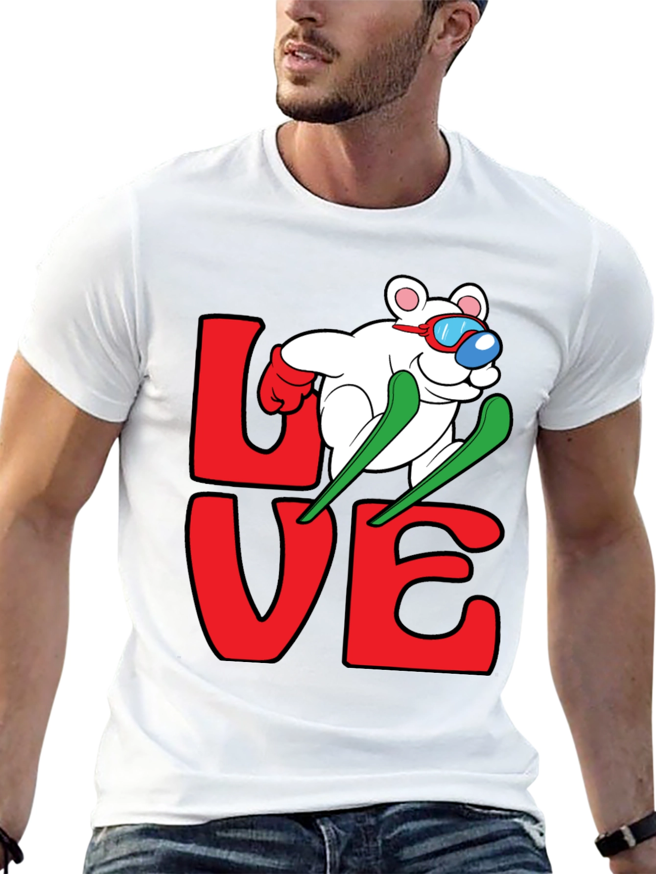 Black Skiing Bear Love Graphic Tee - Black Cotton T-Shirt view 13